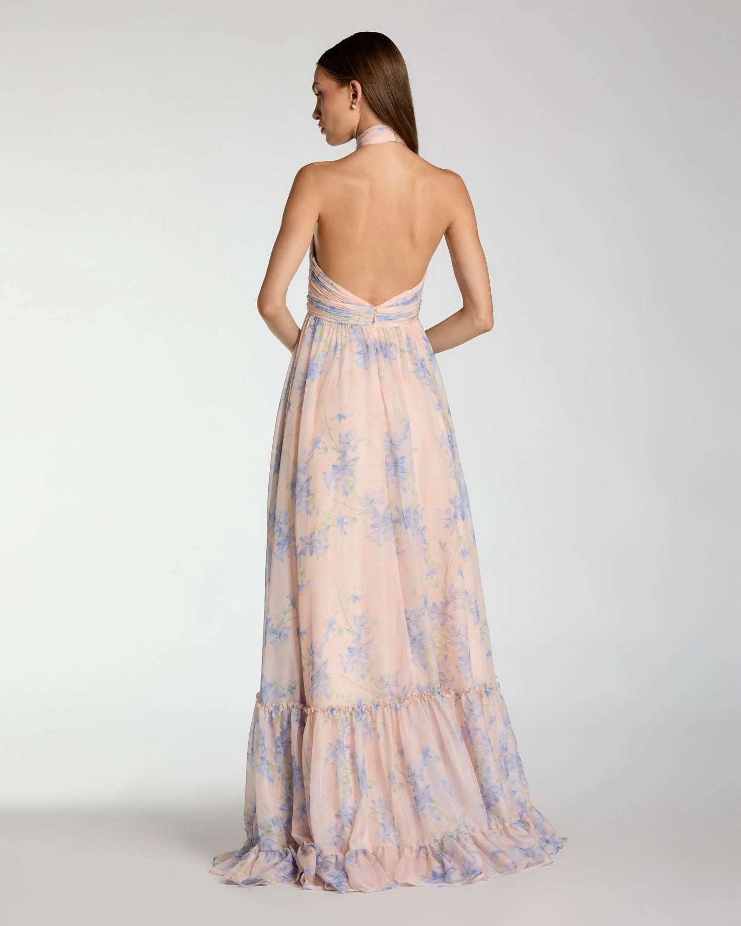 Pink Asymmetrical Ruffled Halter Floral Gown Ieena for Mac Duggal