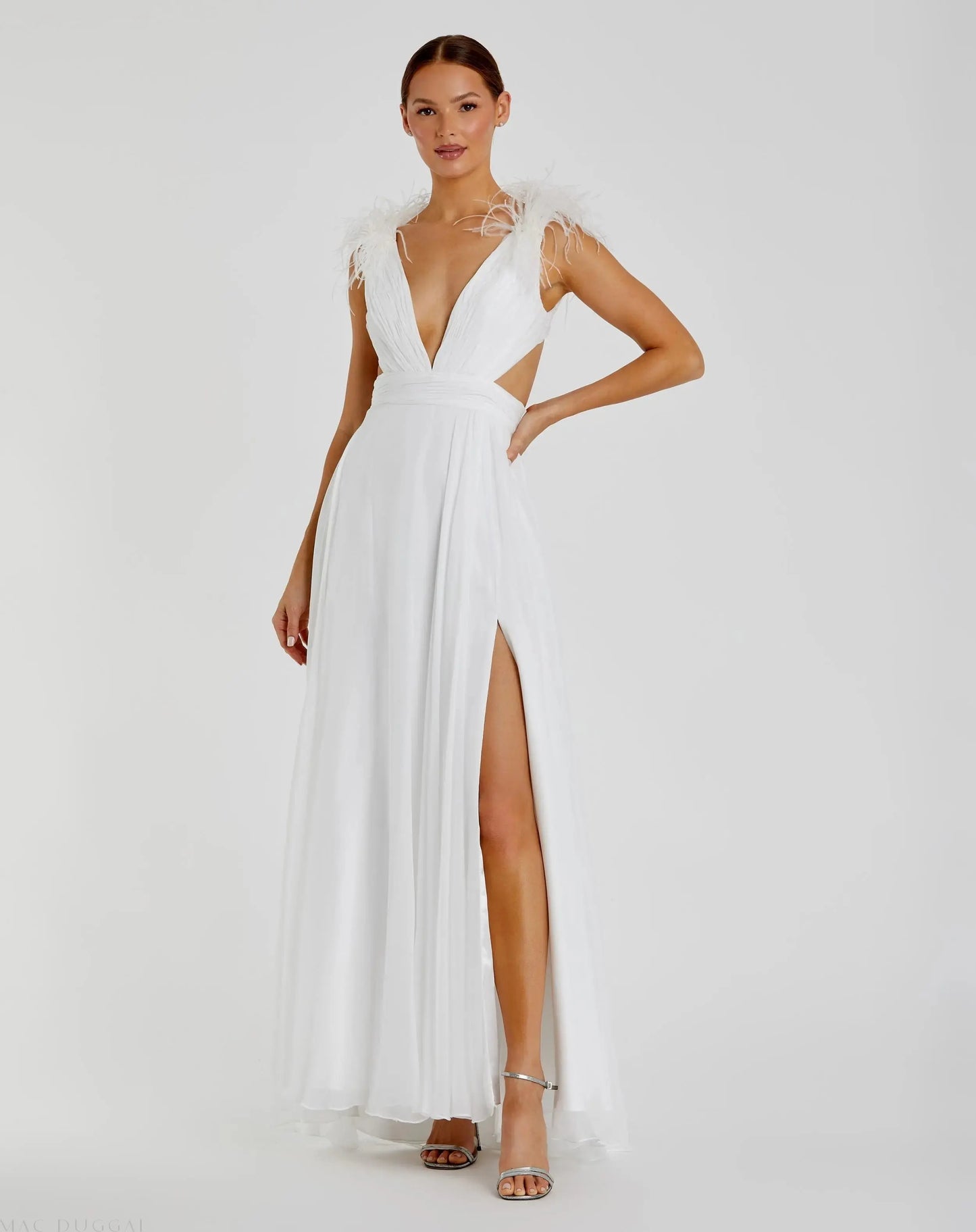 White Plunge Ostrich Feather A Line Gown - Ieena for Mac Duggal