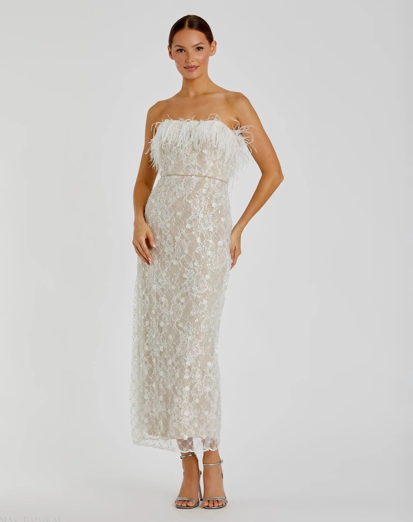 White and Beige Embellished Feather Strapless Column Dress - Mac Duggal