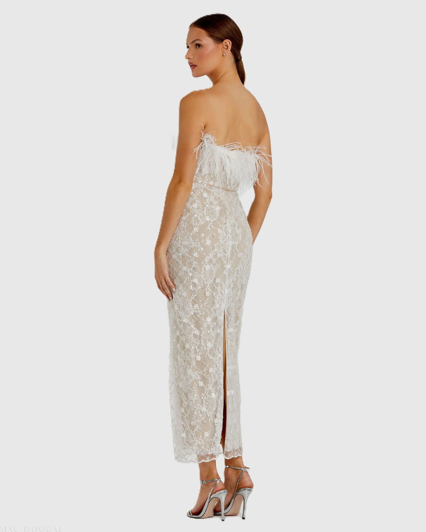 White and Beige Embellished Feather Strapless Column Dress - Mac Duggal