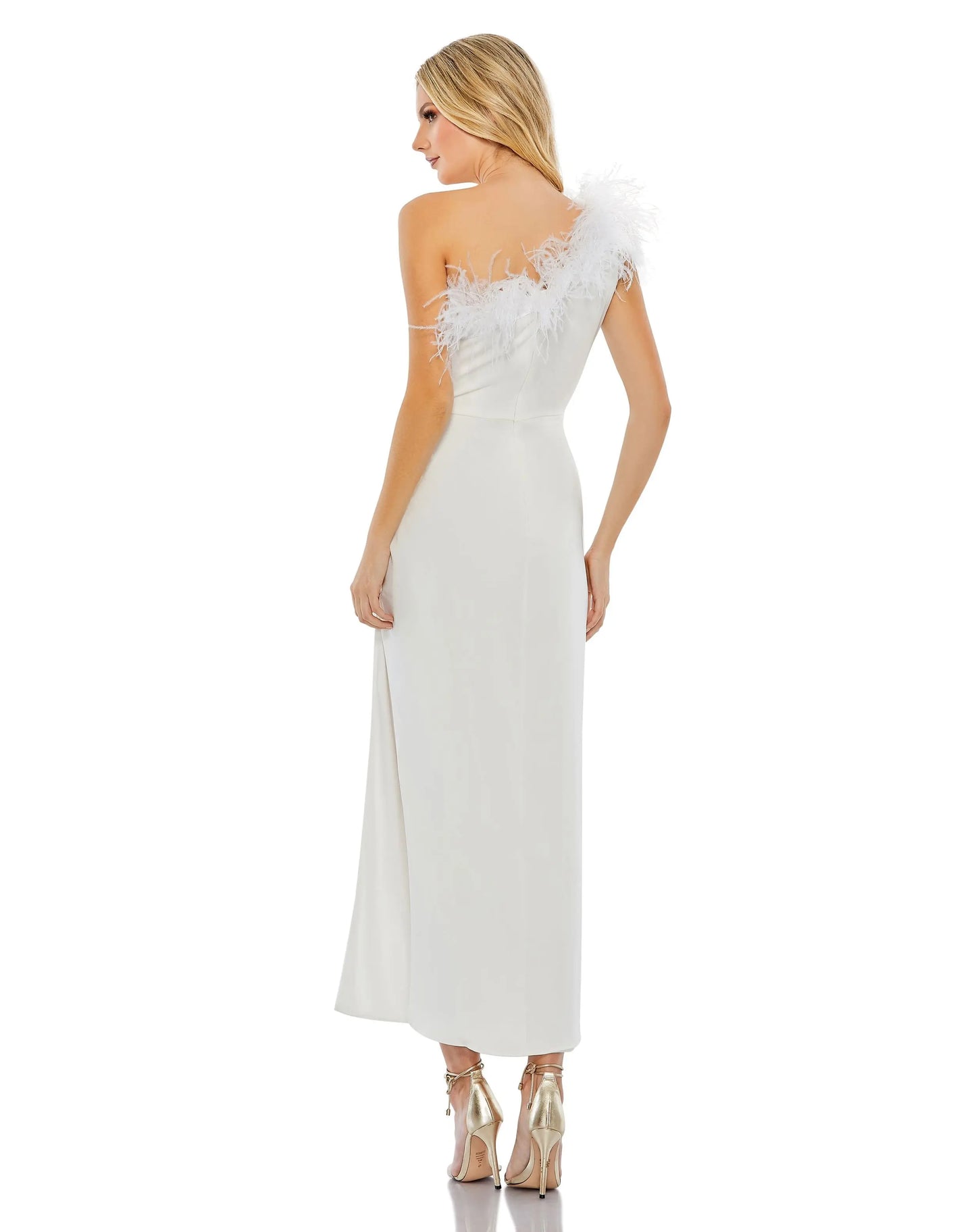 White Feather Trim One Shoulder Draped Dress - Mac Duggal