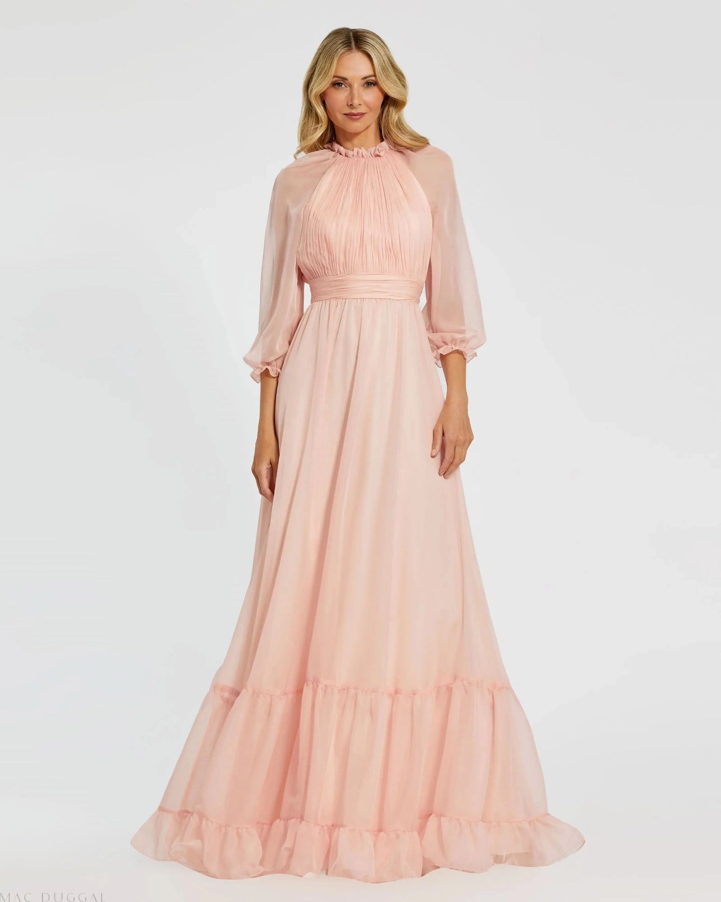 Pink Chiffon Ruched Illusion Raglan Sleeve Ruffled Gown - Mac Duggal