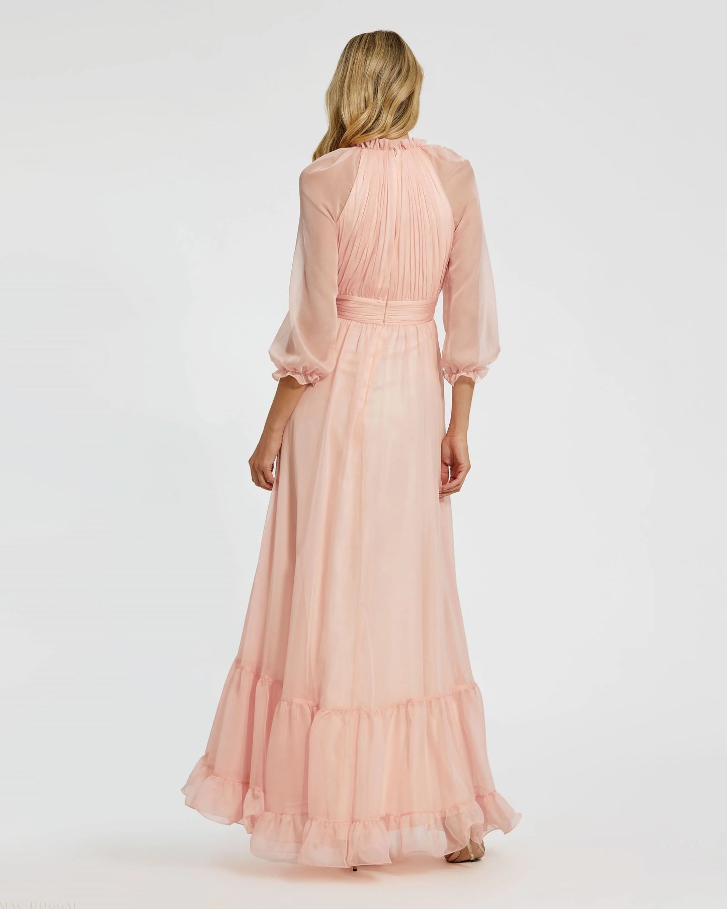 Pink Chiffon Ruched Illusion Raglan Sleeve Ruffled Gown - Mac Duggal