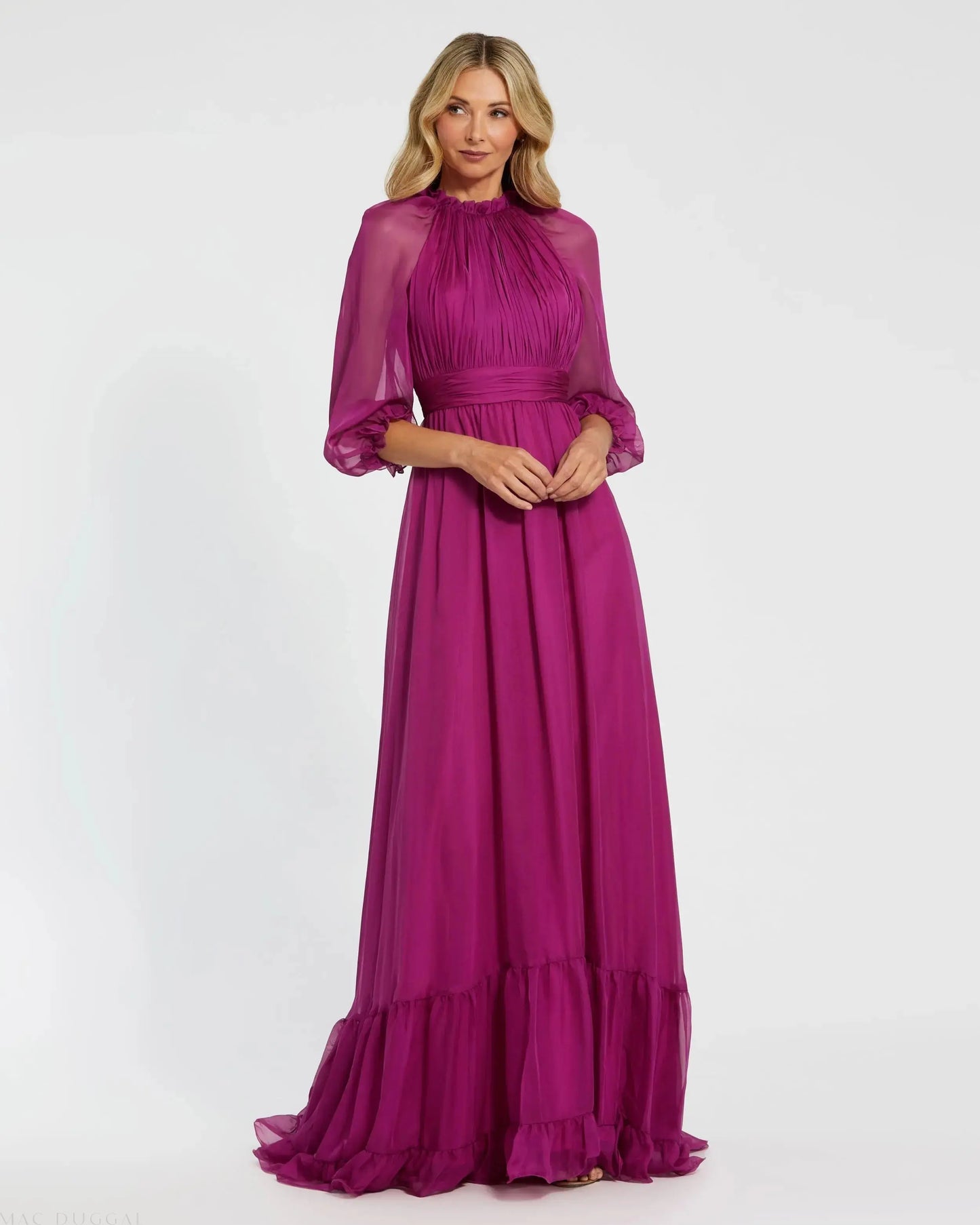 Purple Chiffon Ruched Illusion Raglan Sleeve Ruffled Gown - Mac Duggal