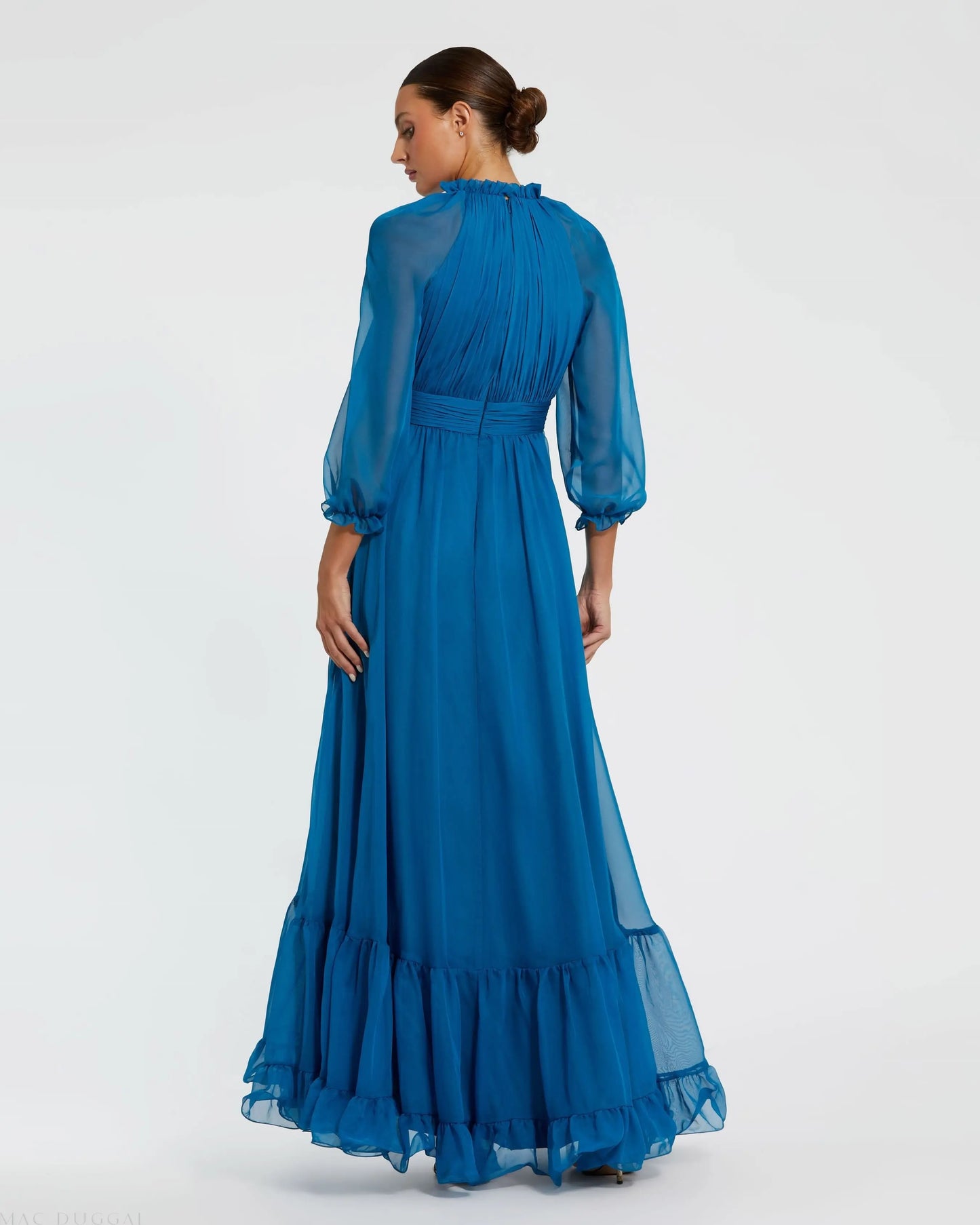 Blue Chiffon Ruched Illusion Raglan Sleeve Ruffled Gown - Mac Duggal
