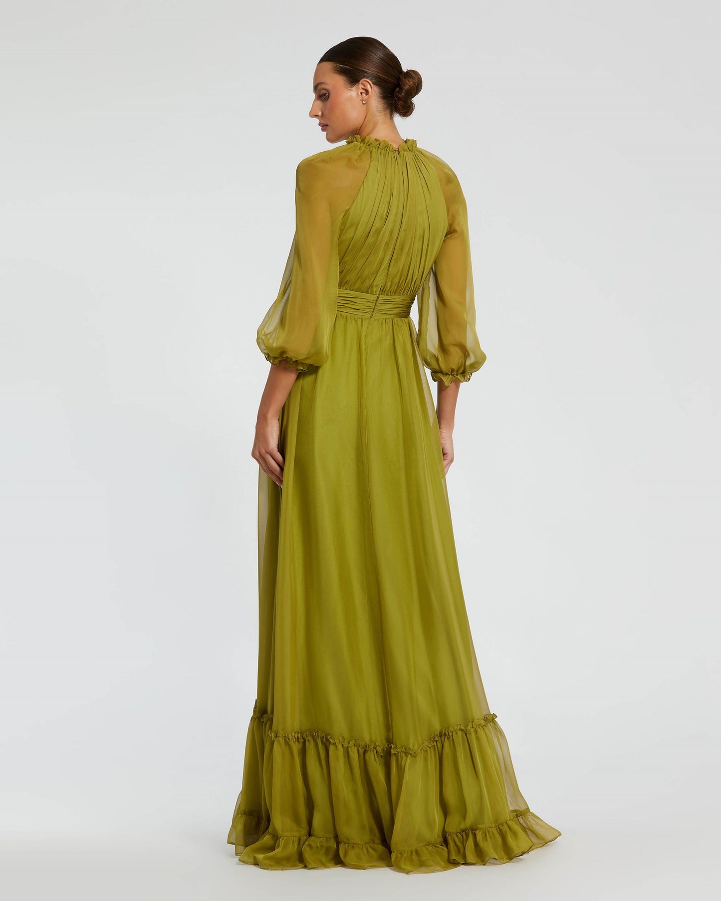 Green Chiffon Ruched Illusion Raglan Sleeve Ruffled Gown (Rue Gilt) Mac Duggal