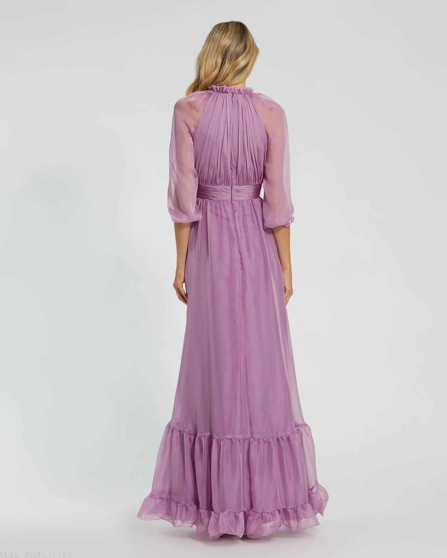 Light Purple Chiffon Ruched Illusion Raglan Sleeve Ruffled Gown - Mac Duggal