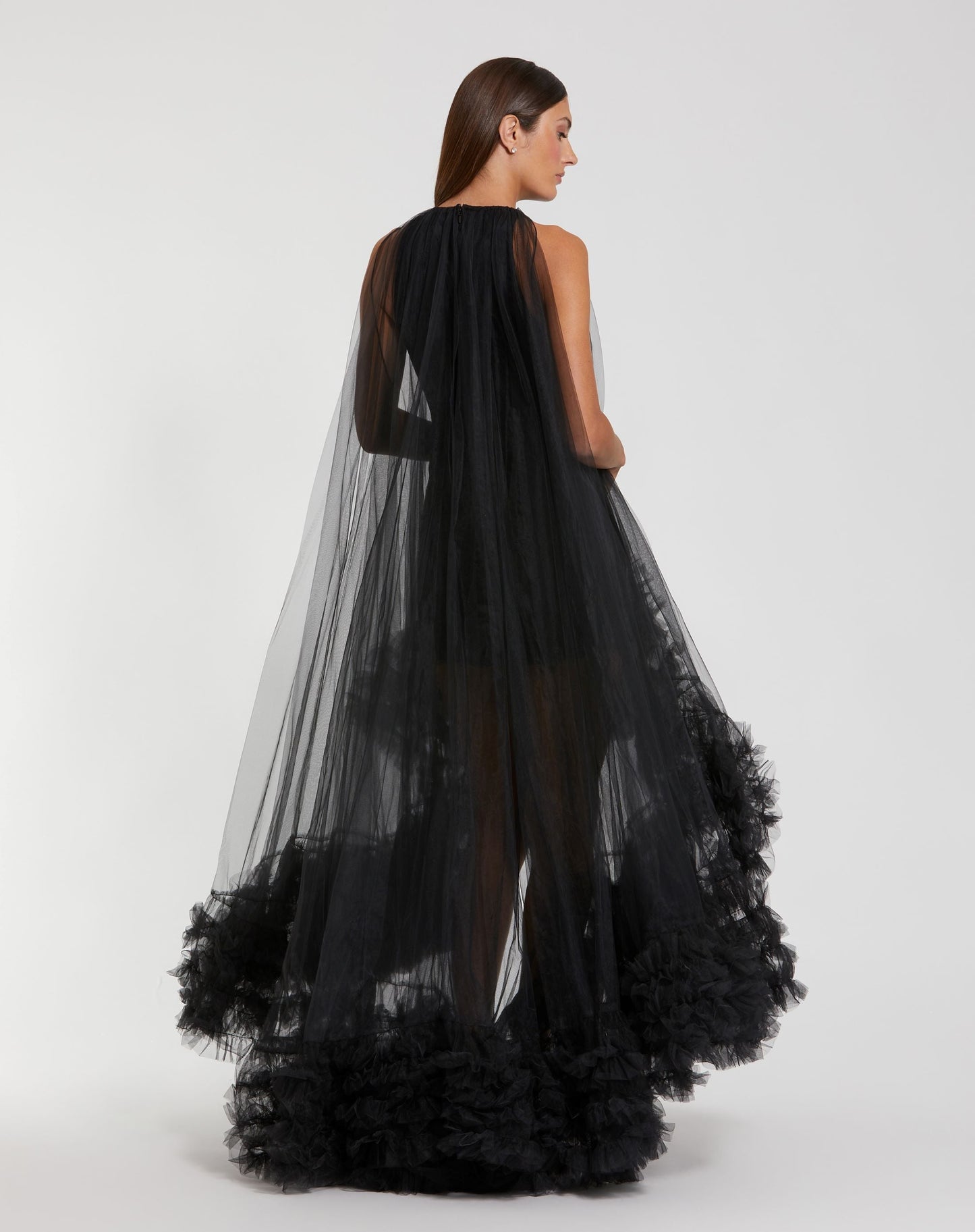 Black Tulle High Neck Sleeveless Ruffled Hem Hi-Low Gown - Mac Duggal