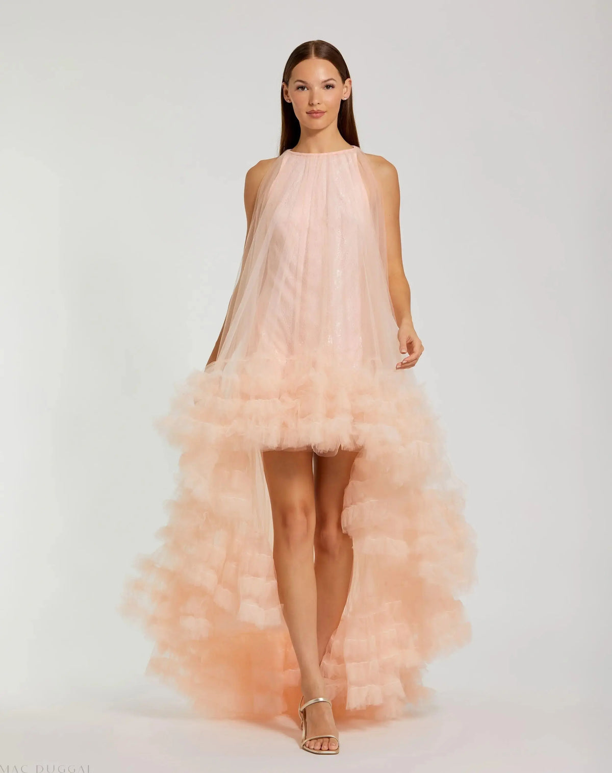 Tulle High Neck Sleeveless Ruffled Hem Hi-Lo Gown