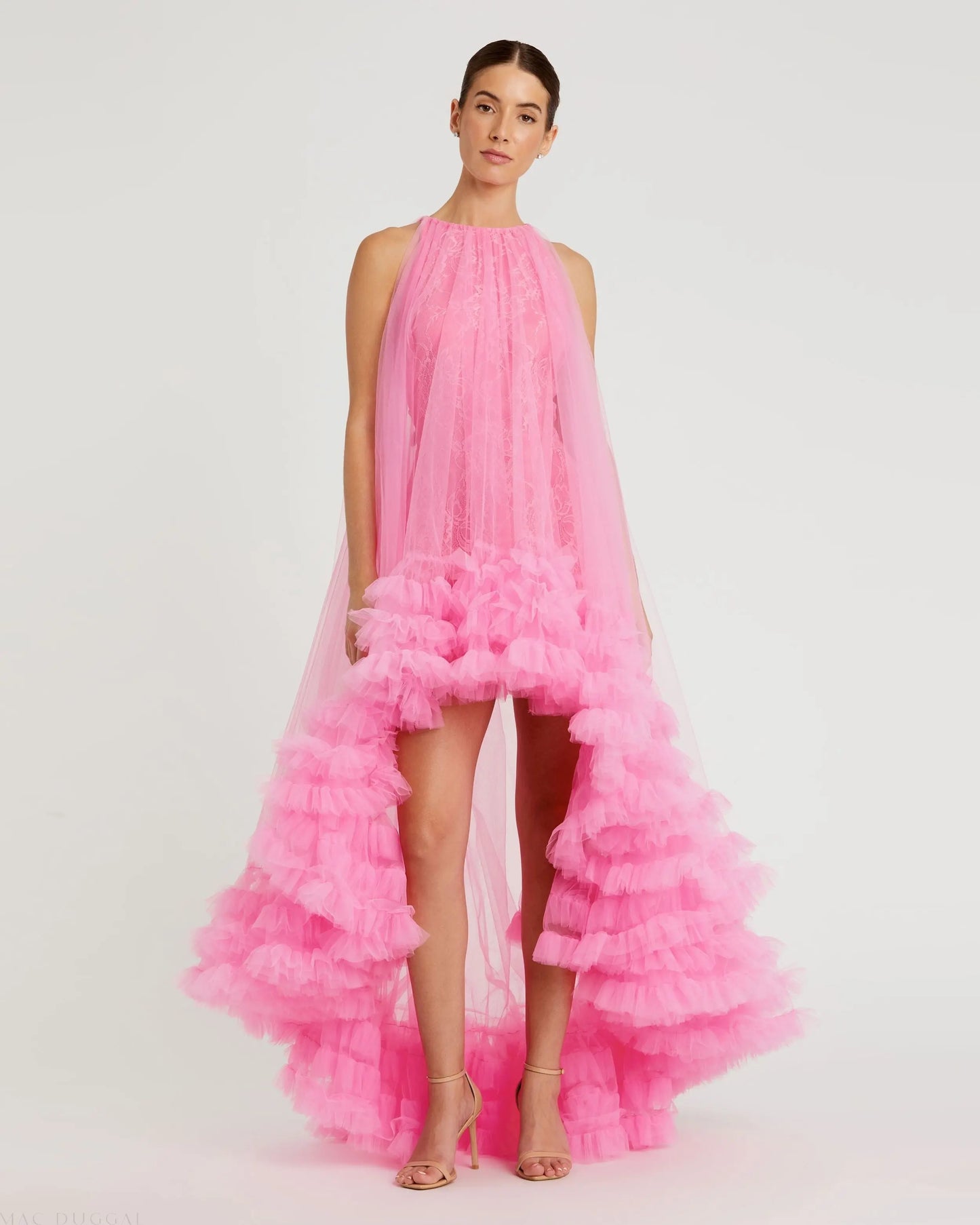 Pink Tulle High Neck Sleeveless Ruffled Hem Hi-Low Gown Mac Duggal