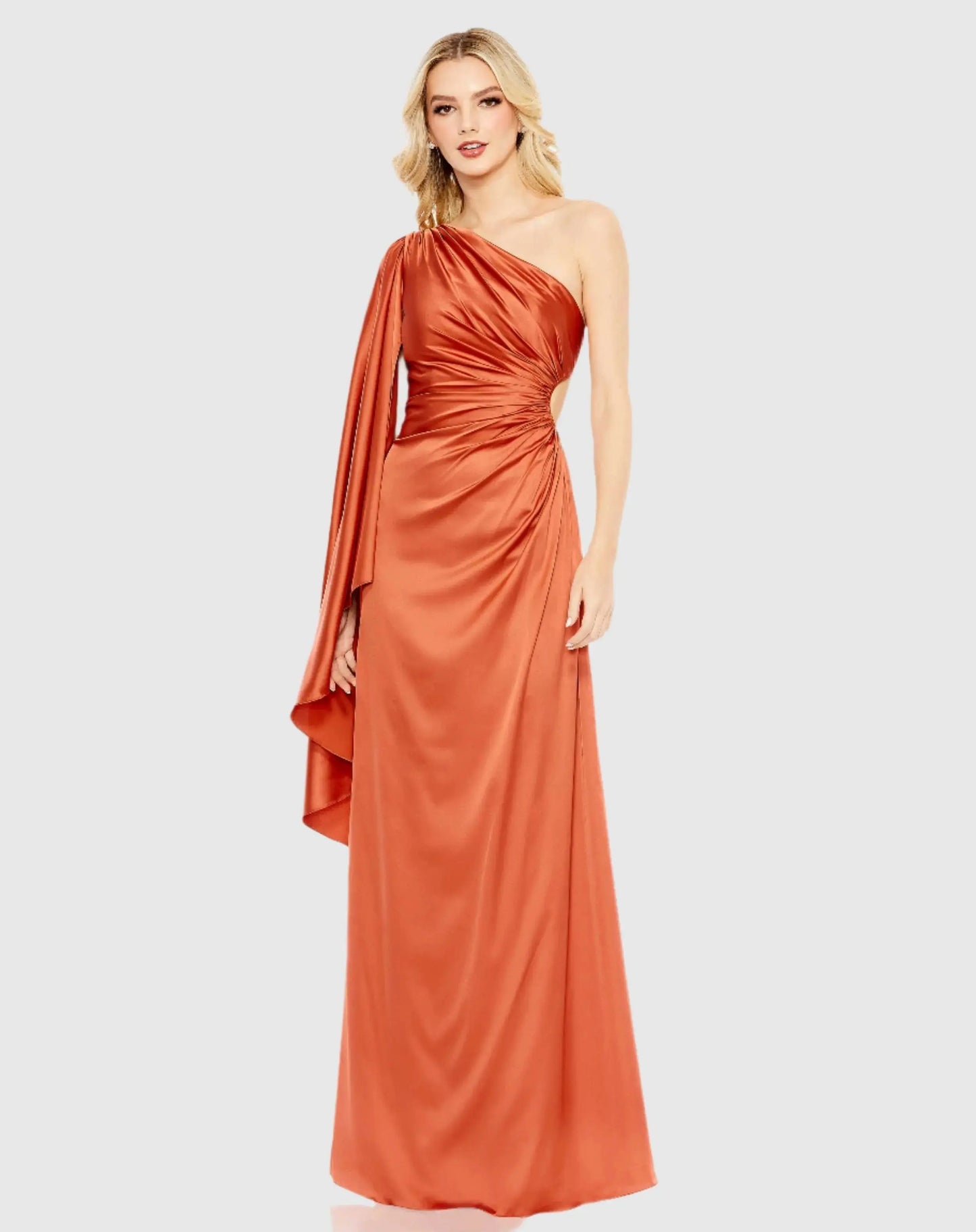 Orange One Shoulder Bell Sleeve Draped Gown - Ieena for Mac Duggal