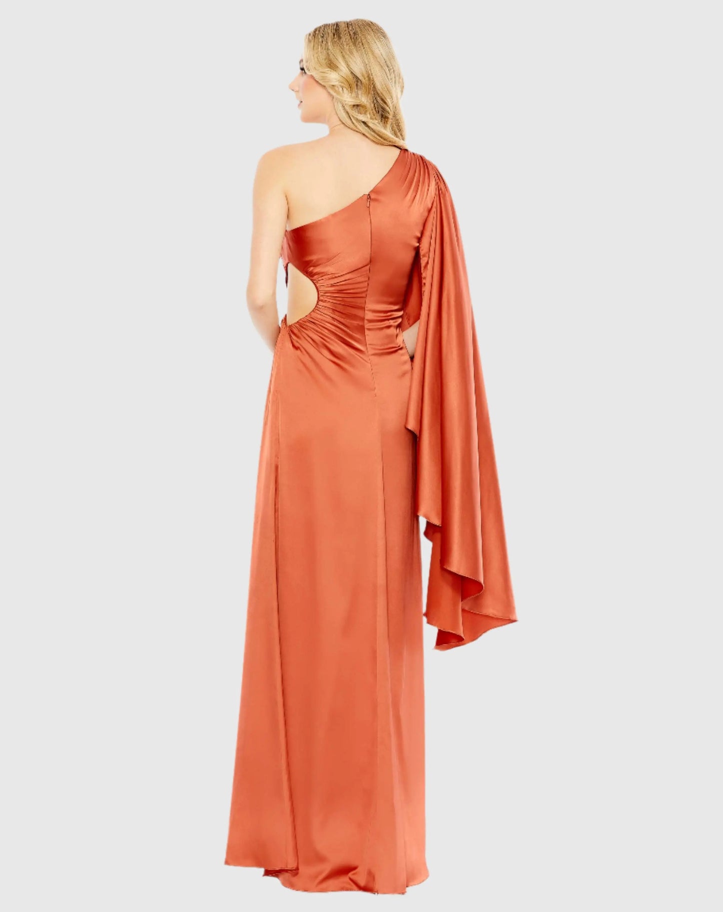 Orange One Shoulder Bell Sleeve Draped Gown - Ieena for Mac Duggal