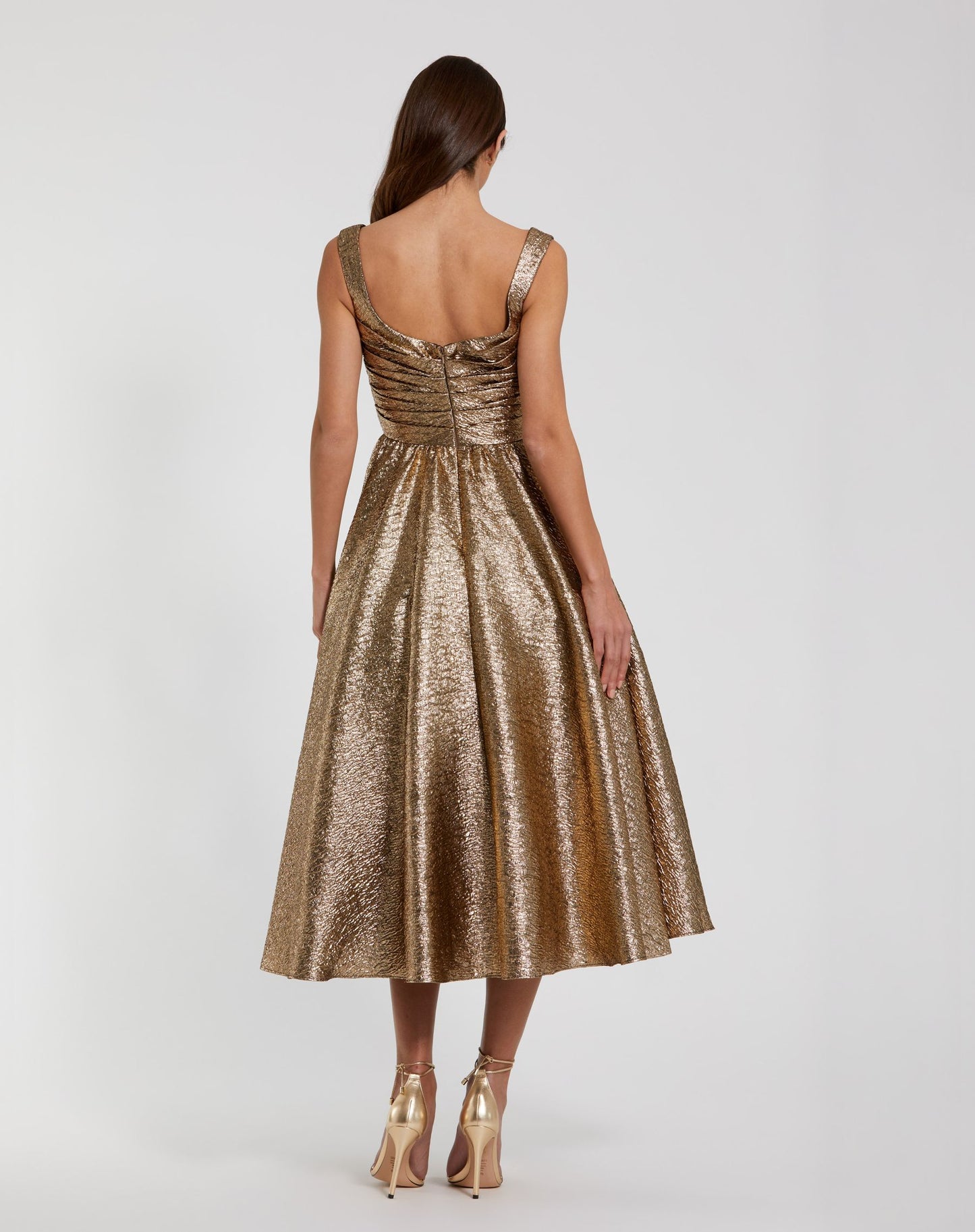 Gold Square Neck Sleeveless Metallic A-Line Dress - Mac Duggal
