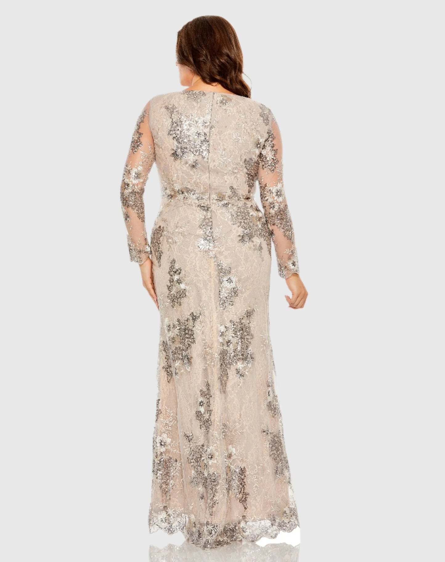 V Neck Mesh Long Sleeve Embroidered Gown - Mac Duggal
