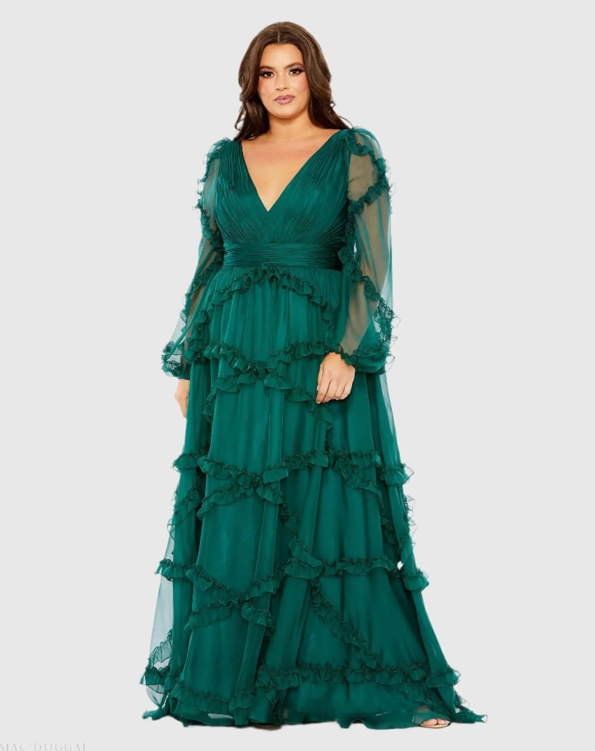 Mac Duggal Women's V Neck Ruffle Tiered Puff Sleeve Gown