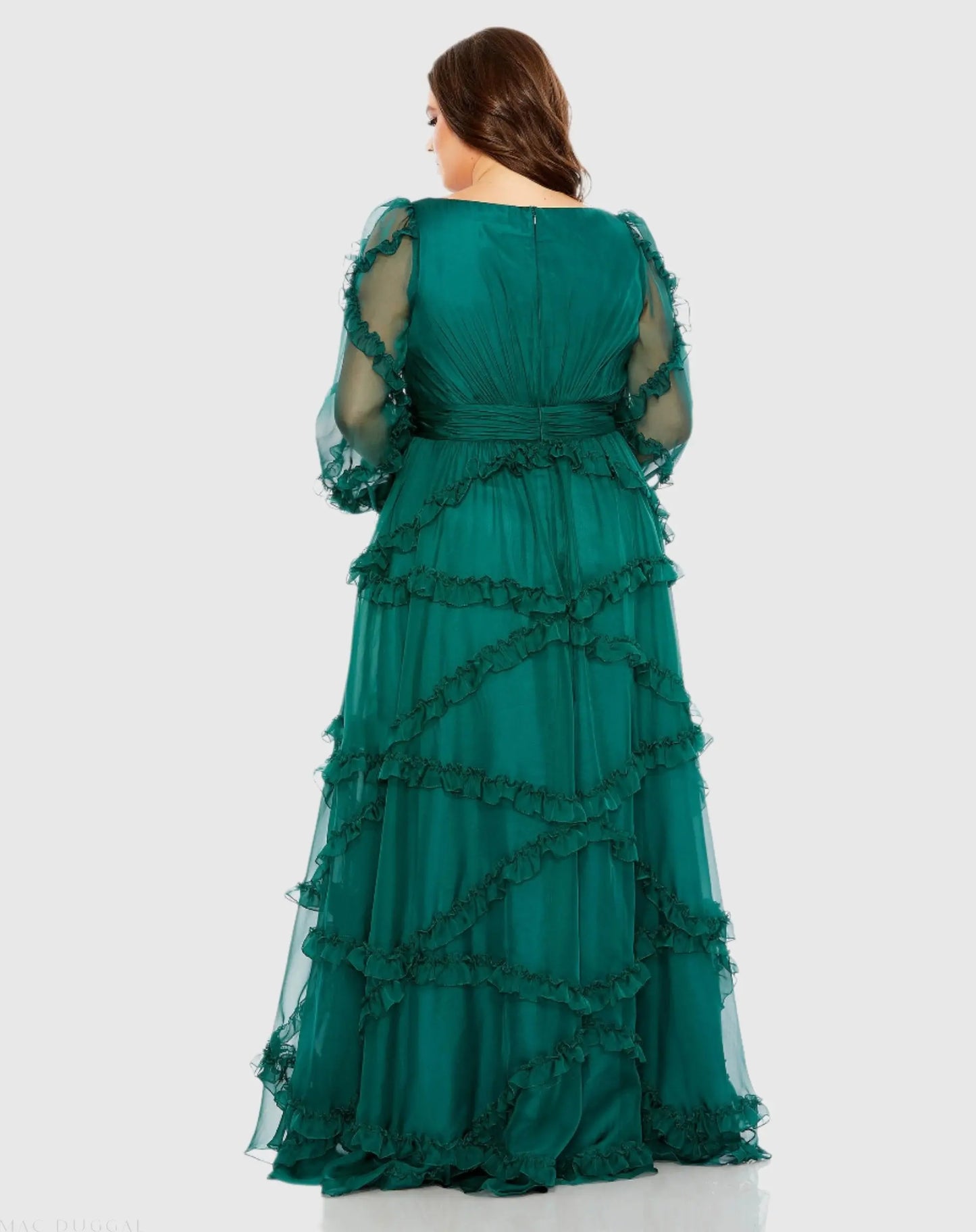 Green V Neck Ruffle Tiered Puff Sleeve Gown (Plus) - Mac Duggal
