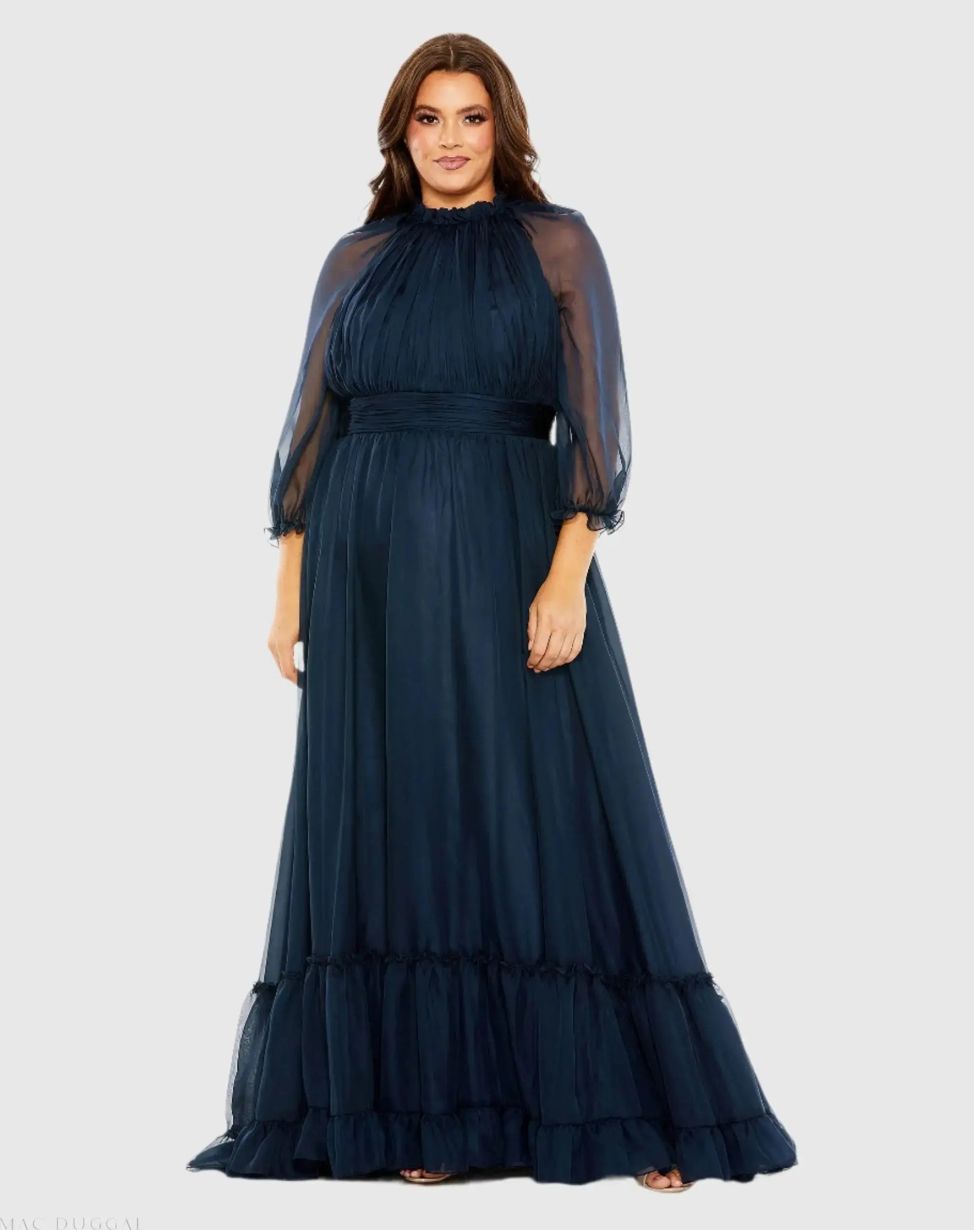 Mac Duggal - Navy High Neck Puff Sleeve Tiered A Line Gown (Plus)