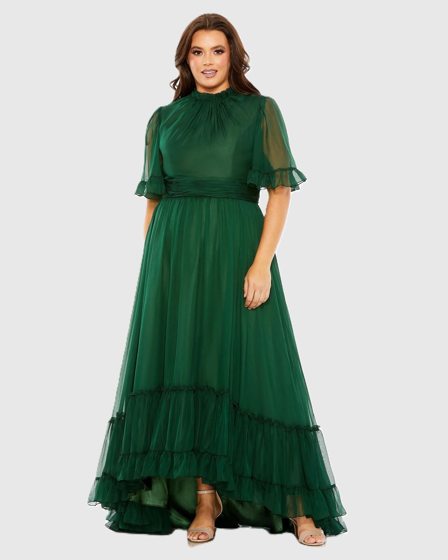 High Neck Flutter Sleeve Ruffle Tiered High Low Gown Mac Duggal