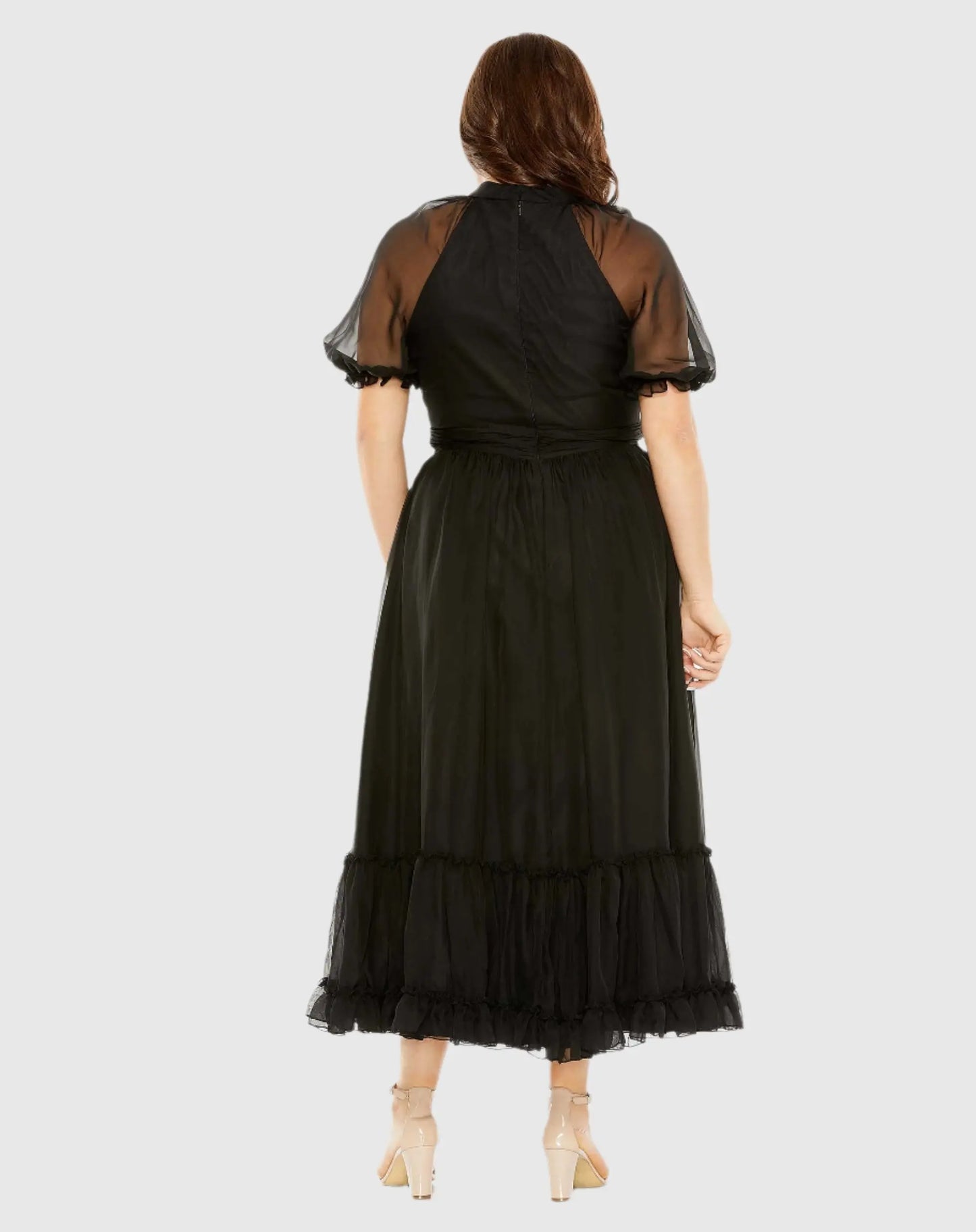 Black Sheer Puff Sleeve Dress - Mac Duggal