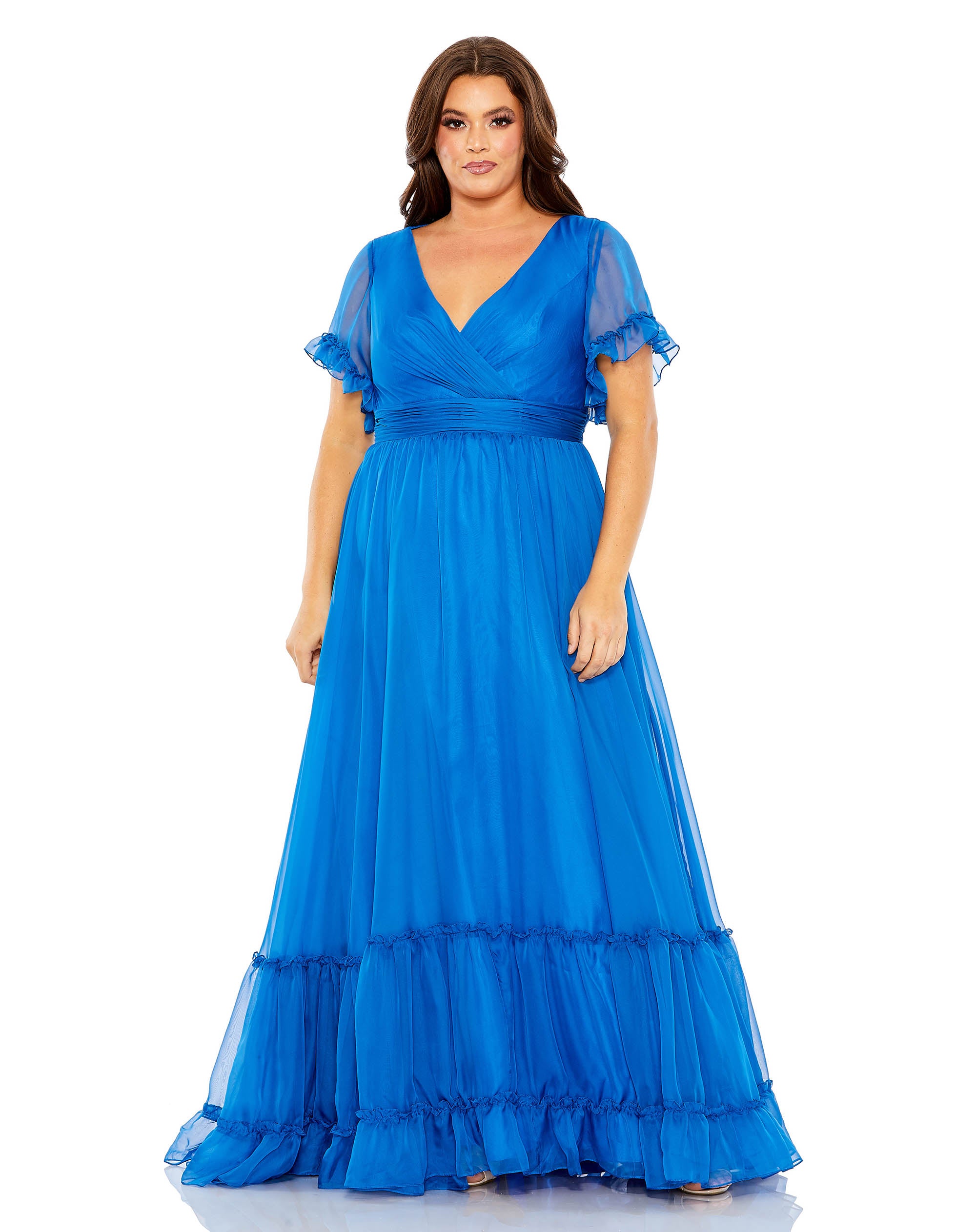 Chiffon Faux Wrap Flutter Sleeve Tiered Gown (Plus)