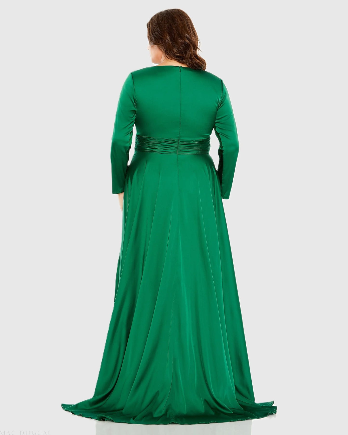 Green Long Sleeve V Neck A Line Gown Mac Duggal