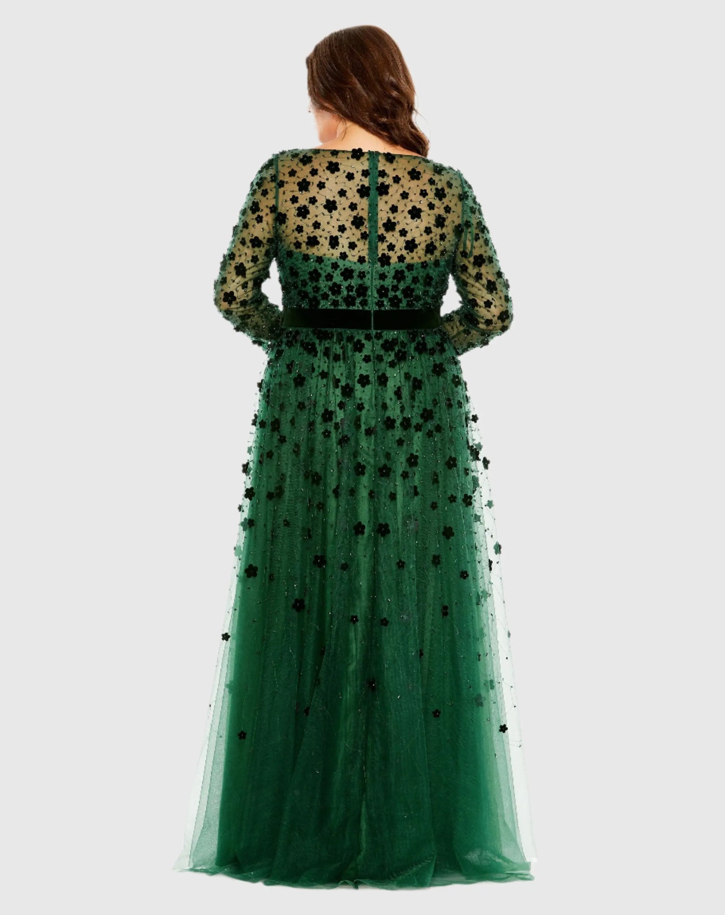 Green Floral Applique Long Sleeve A Line Gown - Mac Duggal