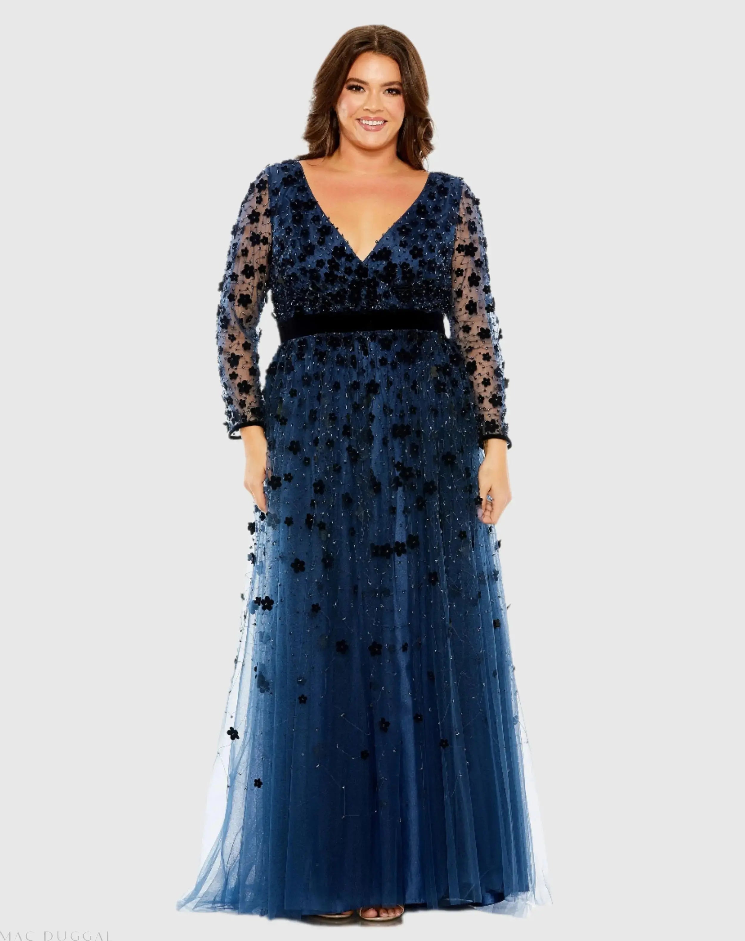 Navy Velvet Floral Applique Long Sleeve A Line Gown (Plus) - Mac Mac Duggal Navy Velvet Floral Applique Long Sleeve A Line Gown (Plus) - Mac Mac Duggal