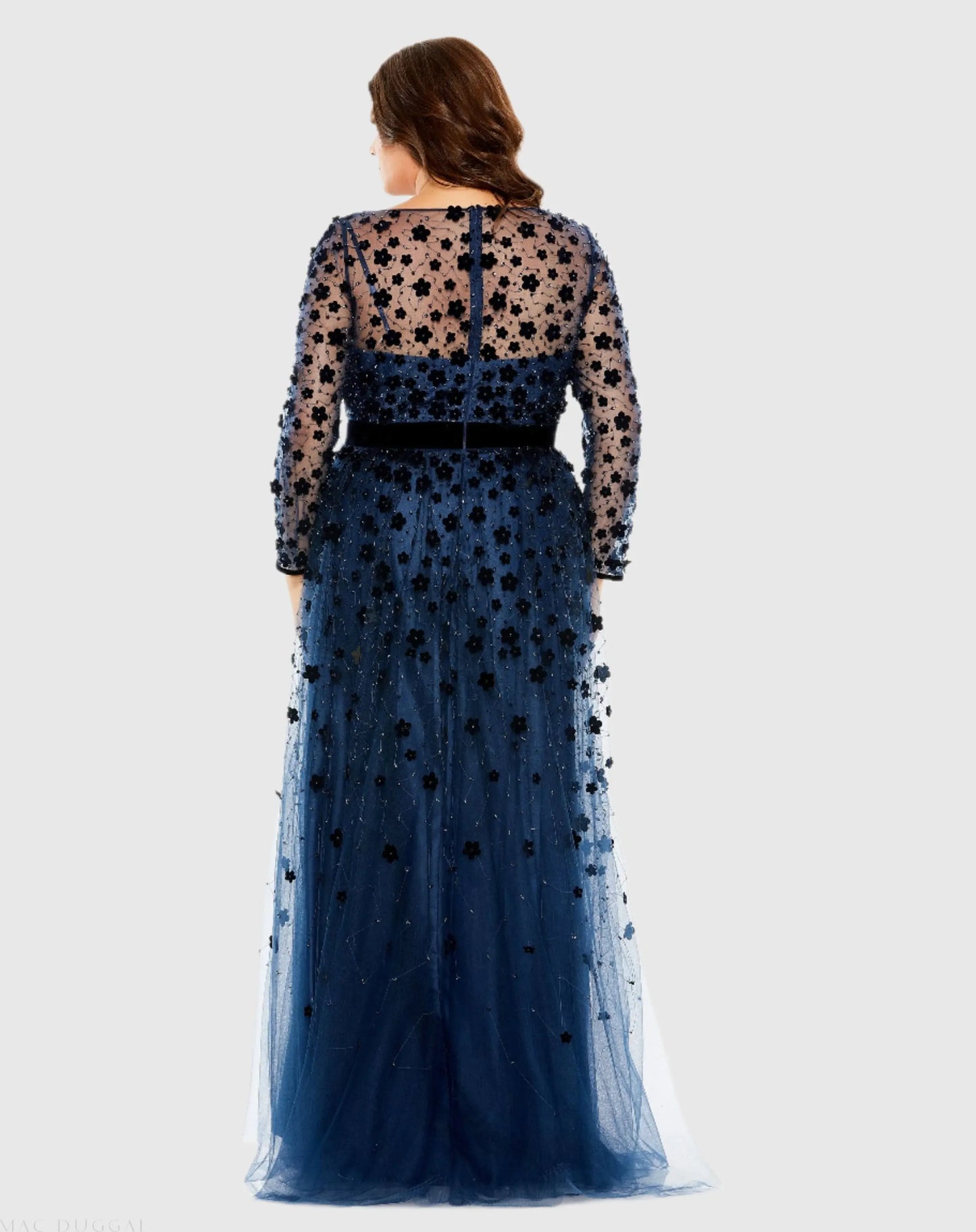 Navy Floral Applique Long Sleeve A Line Gown - Mac Duggal