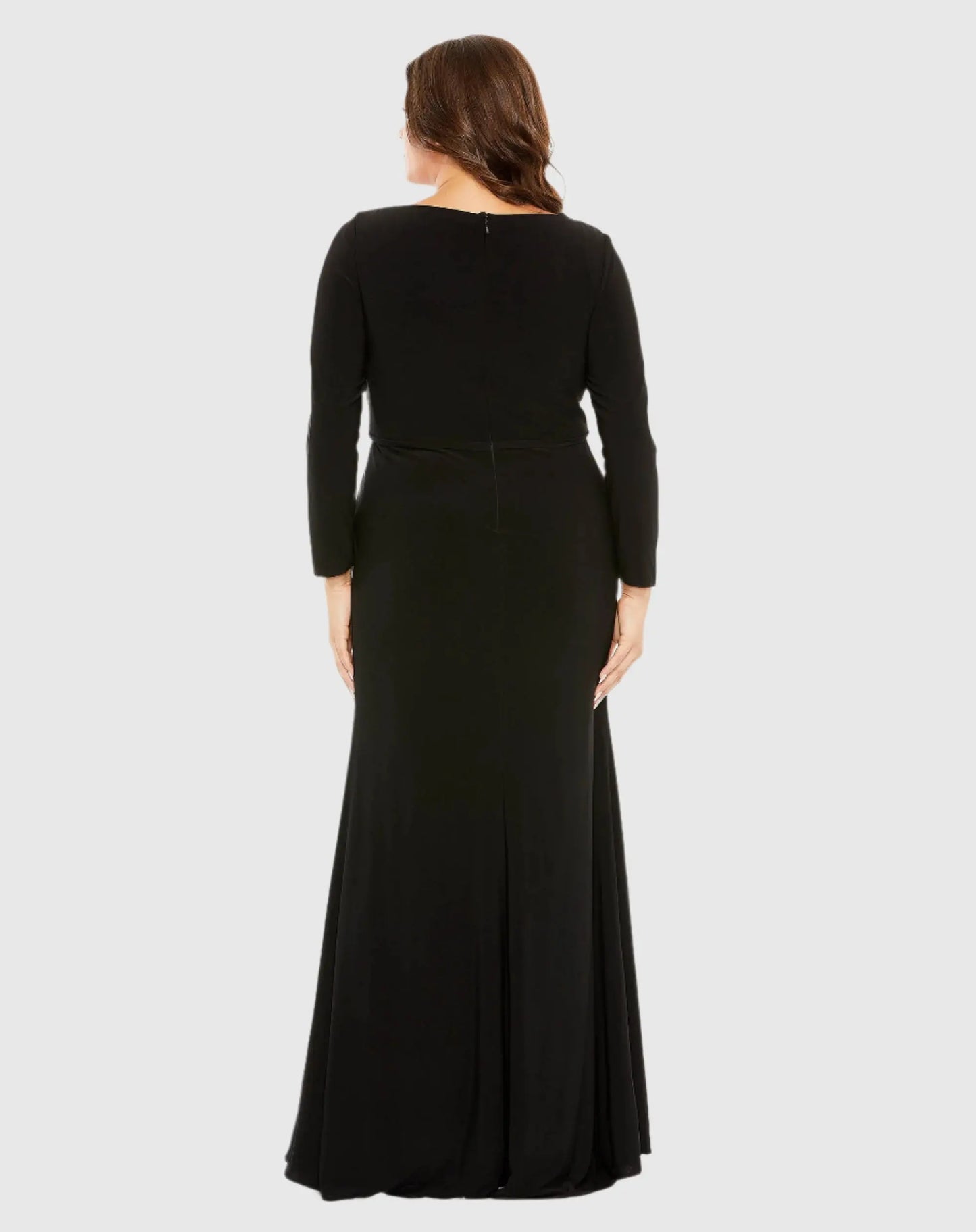 Black Long Sleeve V-Neck Faux Wrap Gown - Mac Duggal