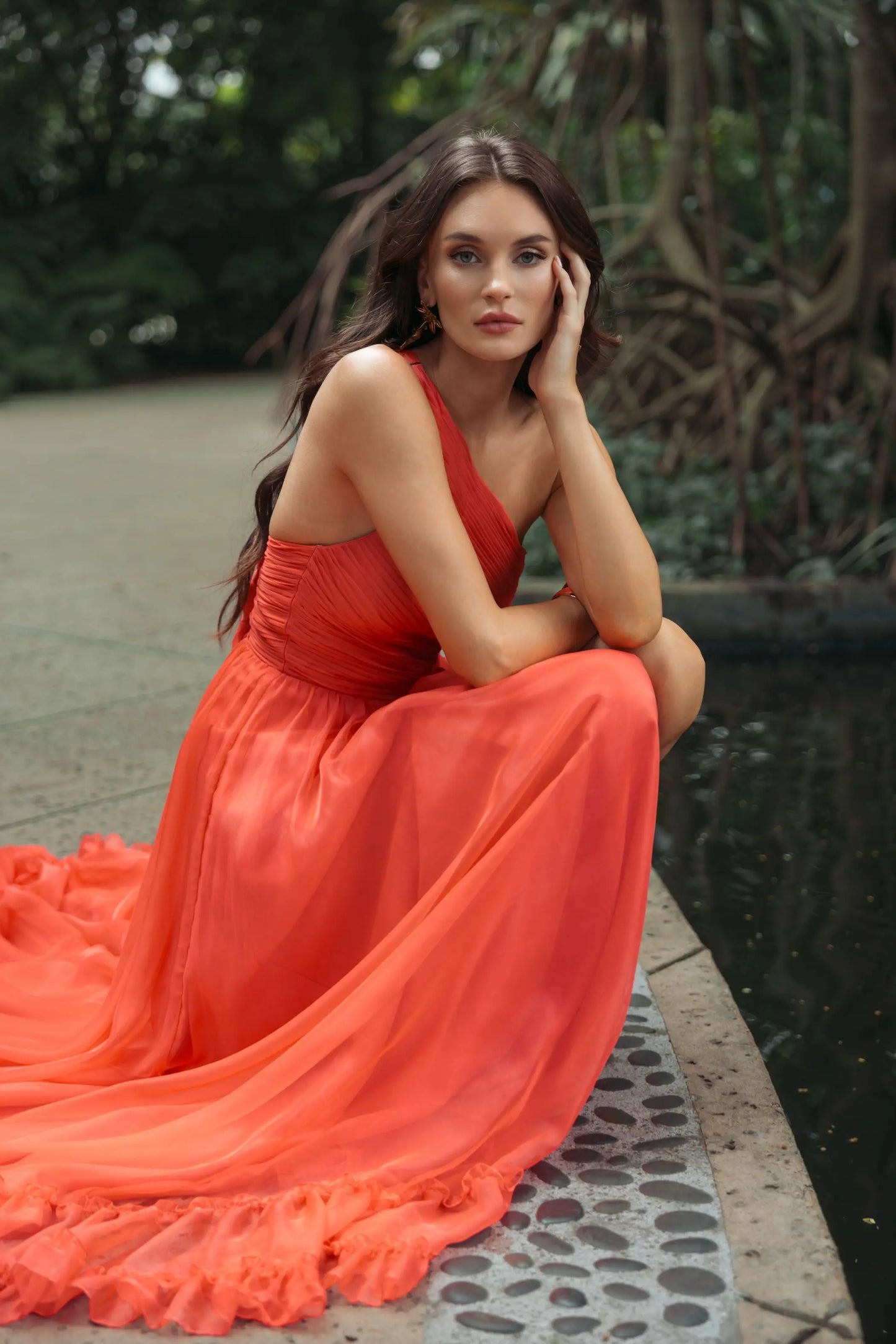 Orange One Shoulder High Low Ruffled Chiffon Gown - Mac Duggal
