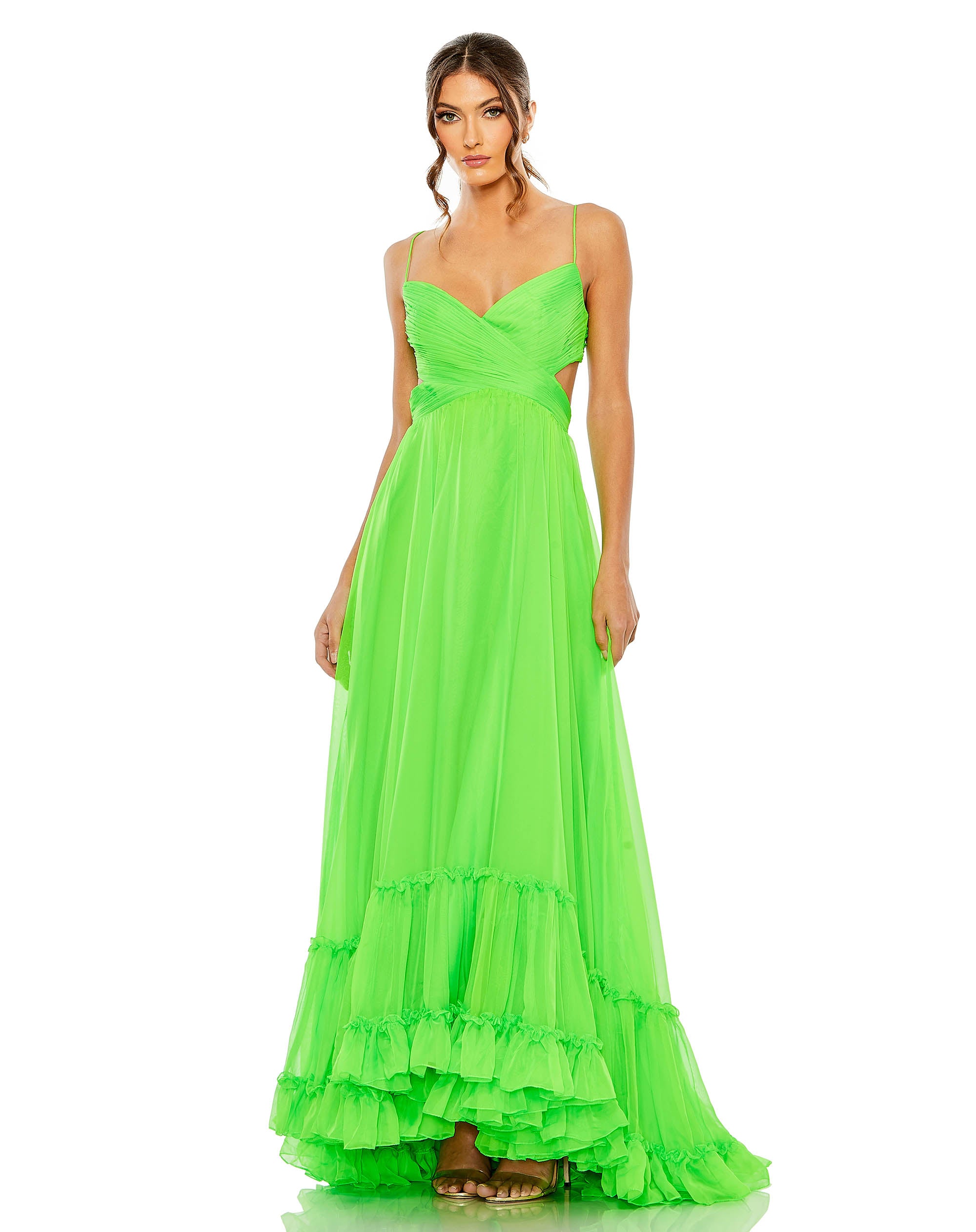 Ruched Tiered Spaghetti Strap Gown