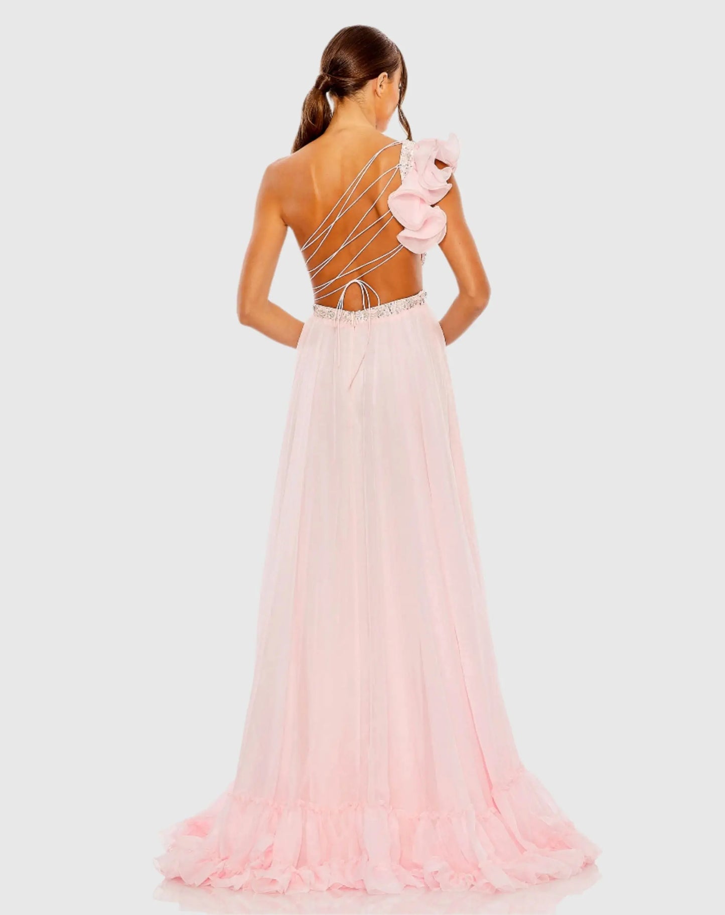 Ruffled One Shoulder Embellished Lace Up Gown - Mac Duggal