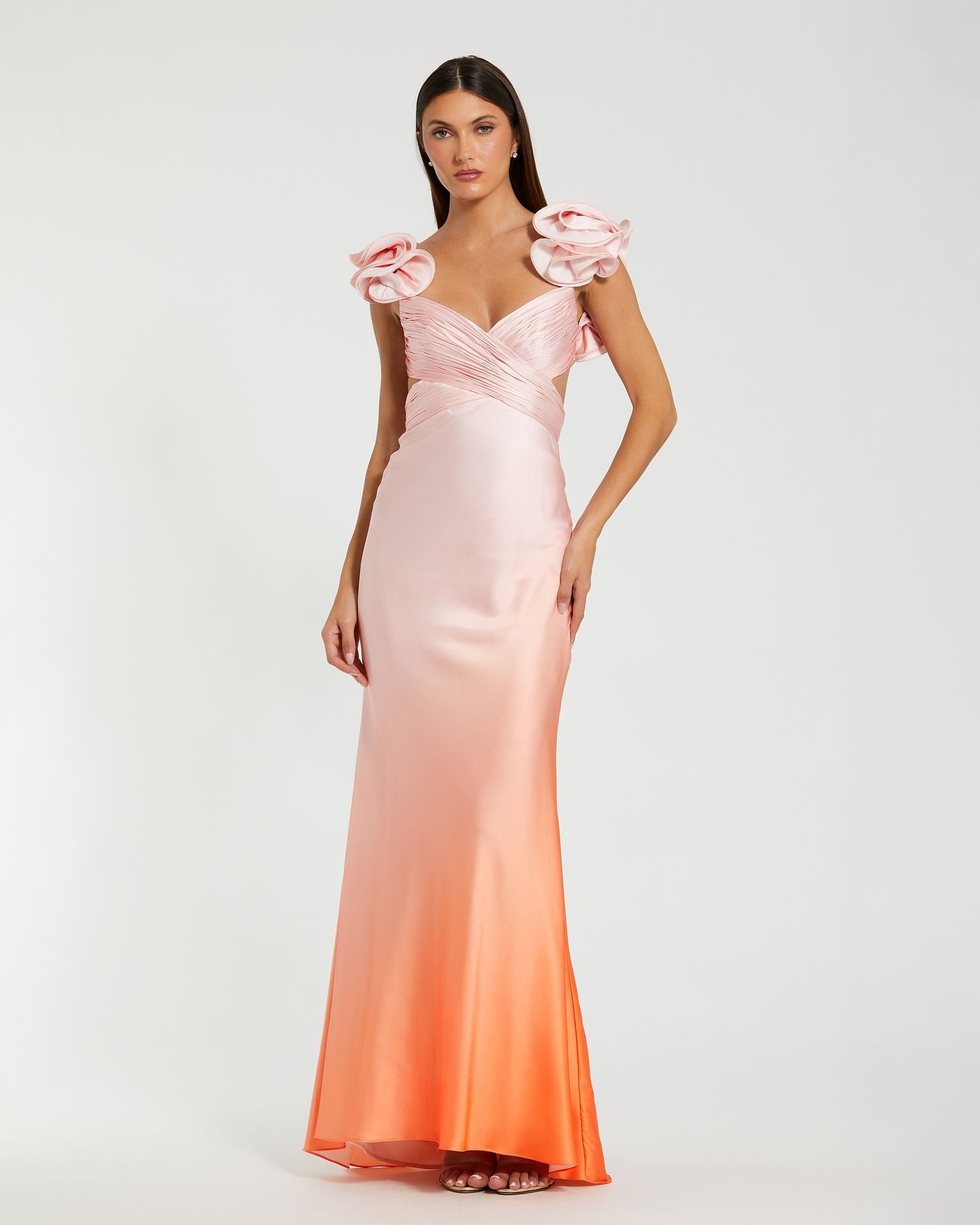 Pink and Orange Charmeuse Ruffle Strap Crossover Ombre Gown Ieena for Mac Duggal