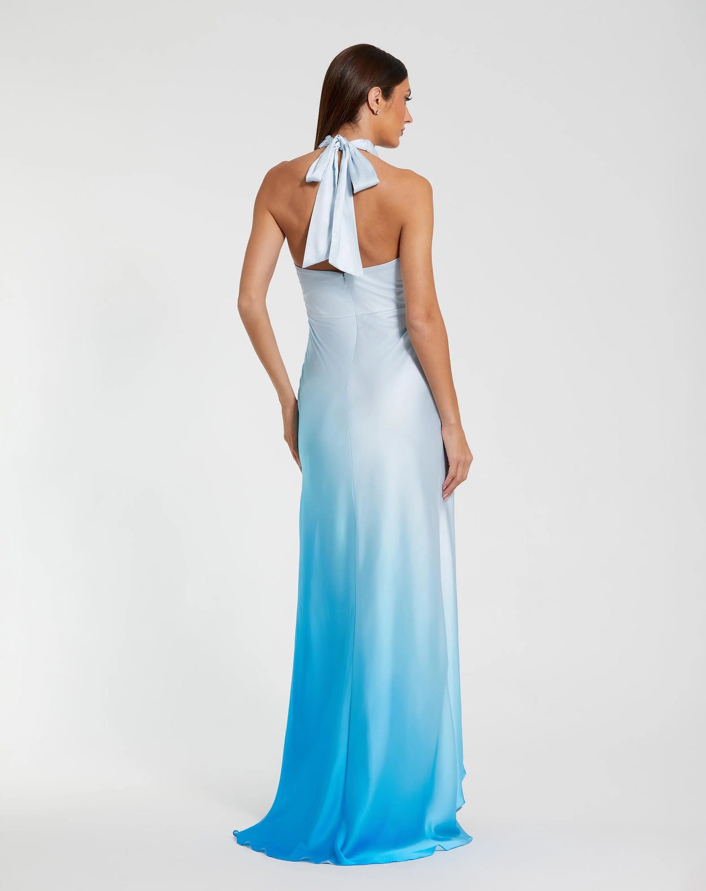 Blue Charmeuse Tie Halter Neck Ombre Gown - Mac Duggal