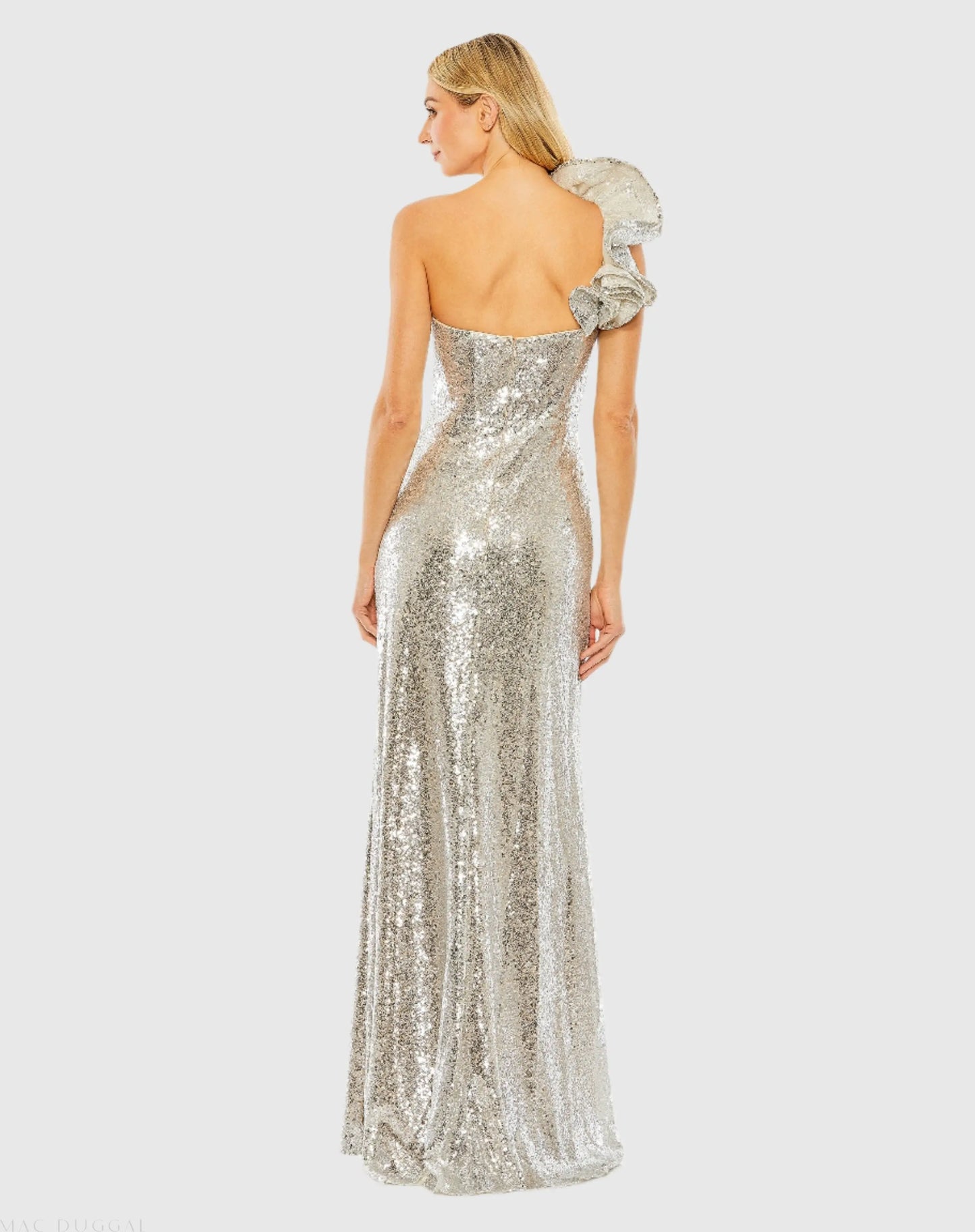 Silver Sequin Ruffled One Shoulder Gown - Mac Duggal