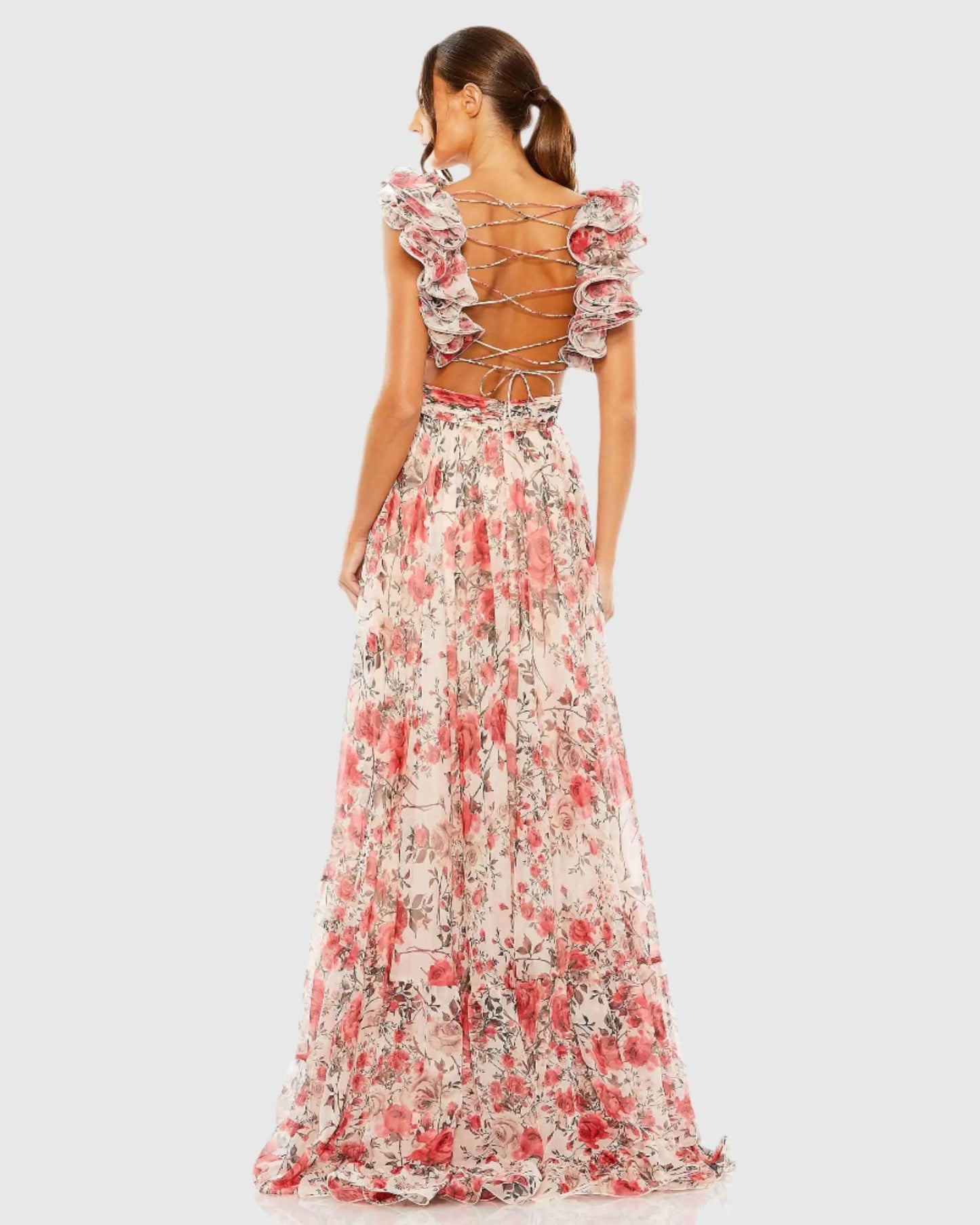 Pink Ruffle Tiered Floral Cut-Out Chiffon Gown - Ieena for Mac Duggal