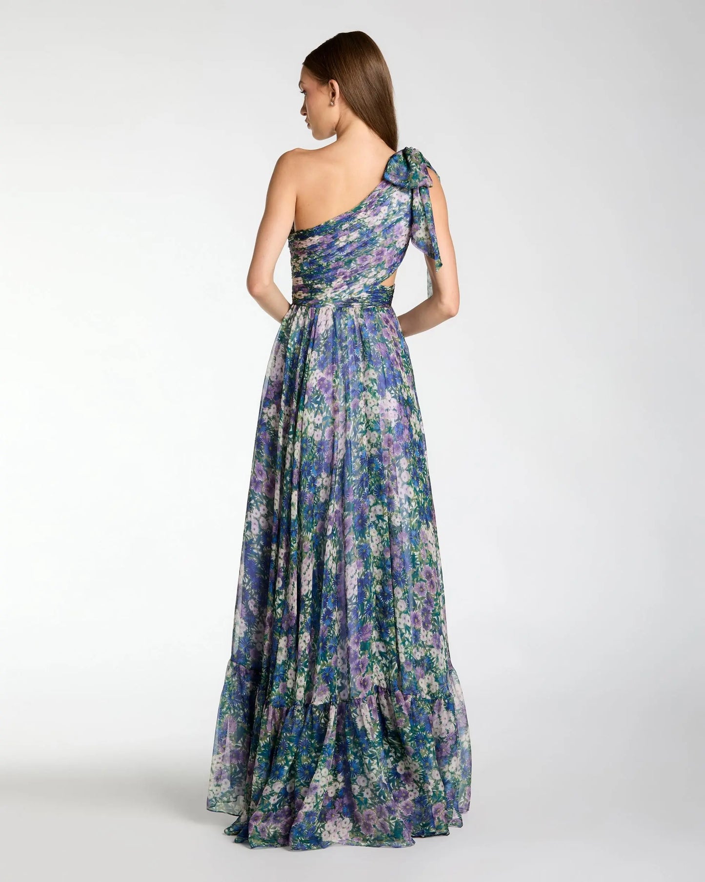 Purple One Shoulder Floral Printed Chiffon Side Cut Out Gown Ieena for Mac Duggal