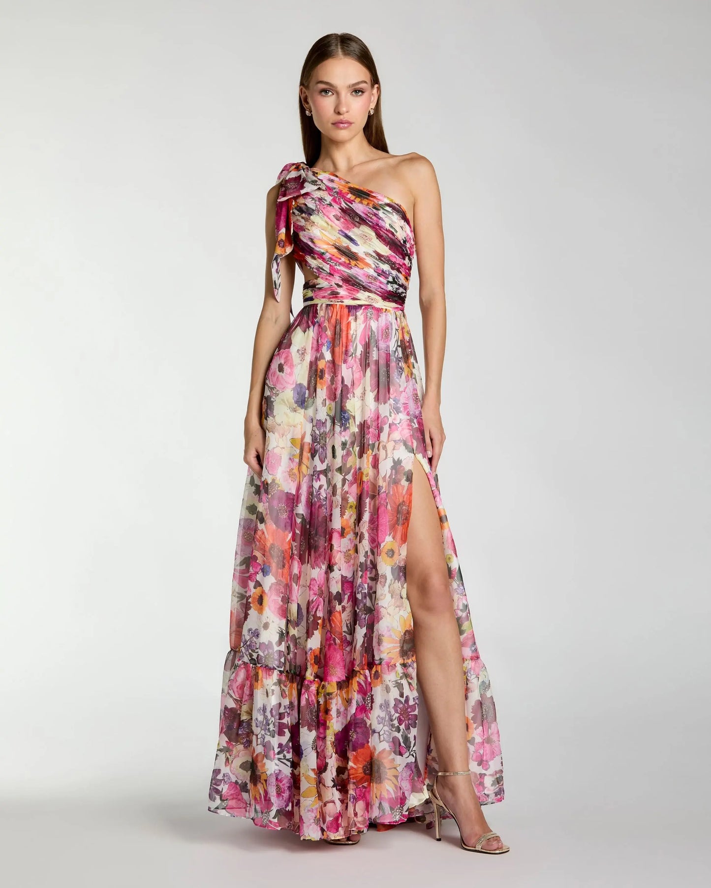 Multicolor One Shoulder Floral Printed Chiffon Side Cut Out Gown Ieena for Mac Duggal