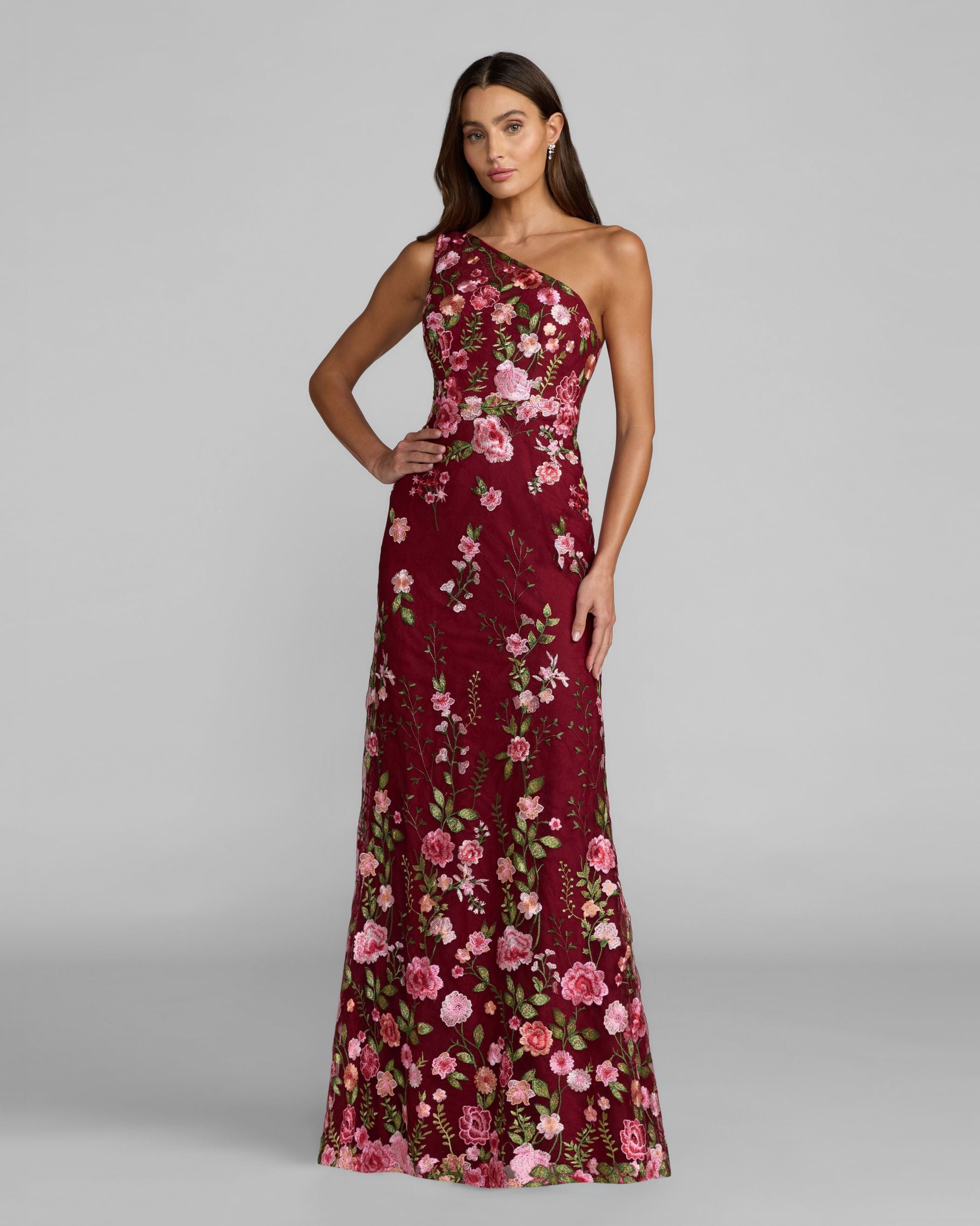 One Shoulder Floral Embroidered Gown One Shoulder Floral Embroidered Gown