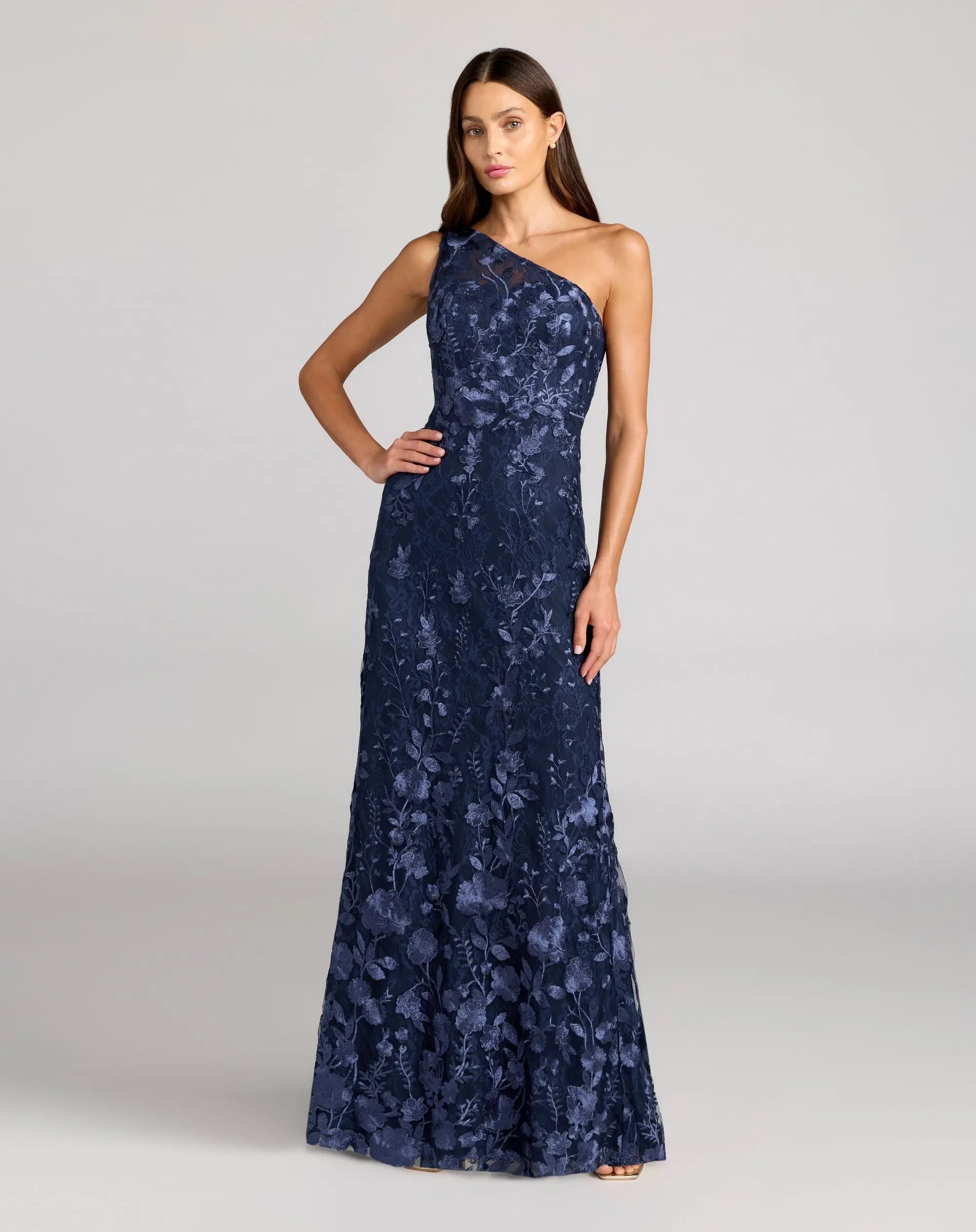 open lace back dress Mac Duggal Women's One Shoulder Lace Embroidered Gown