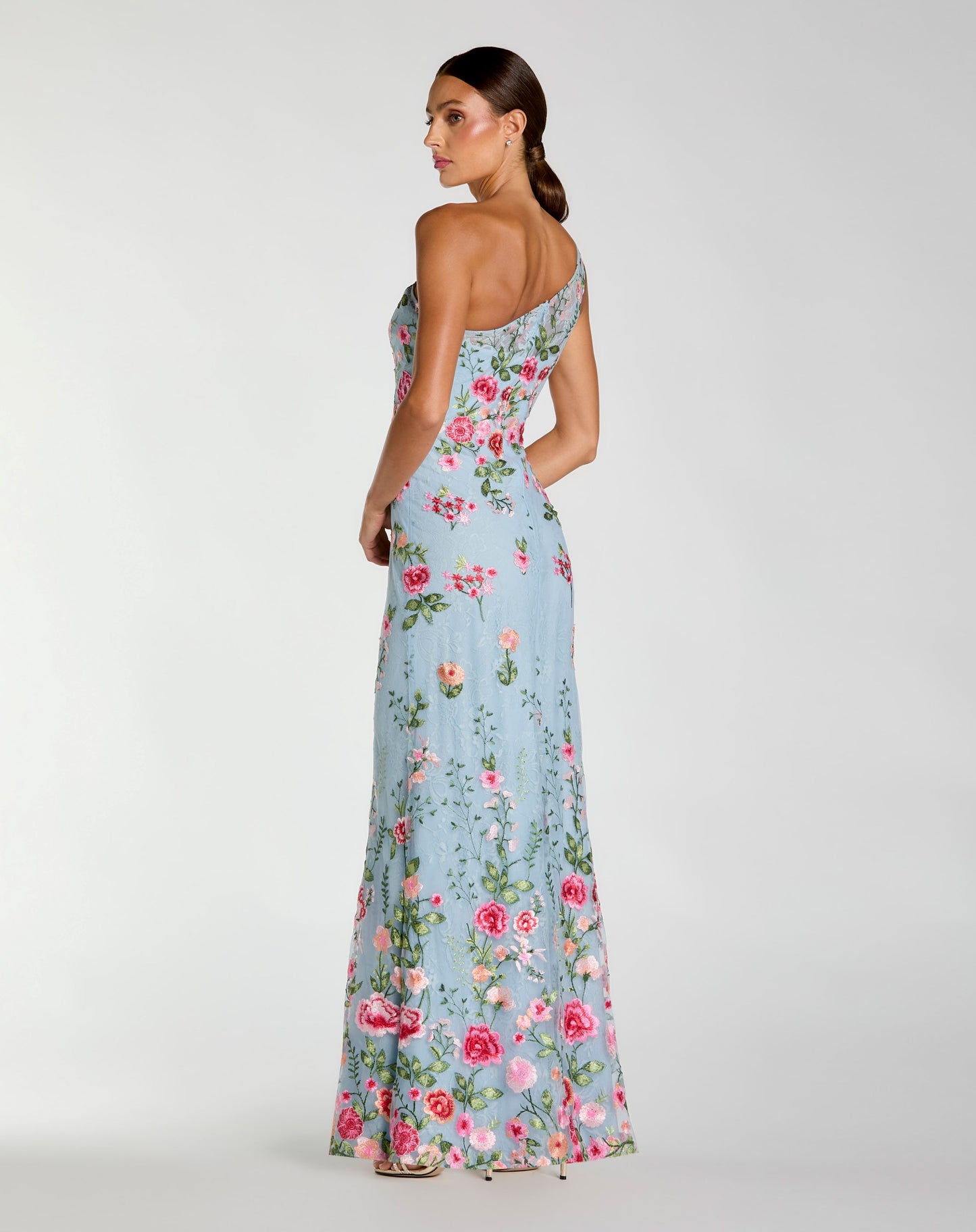 Blue One Shoulder Floral Embroidered Gown Mac Duggal