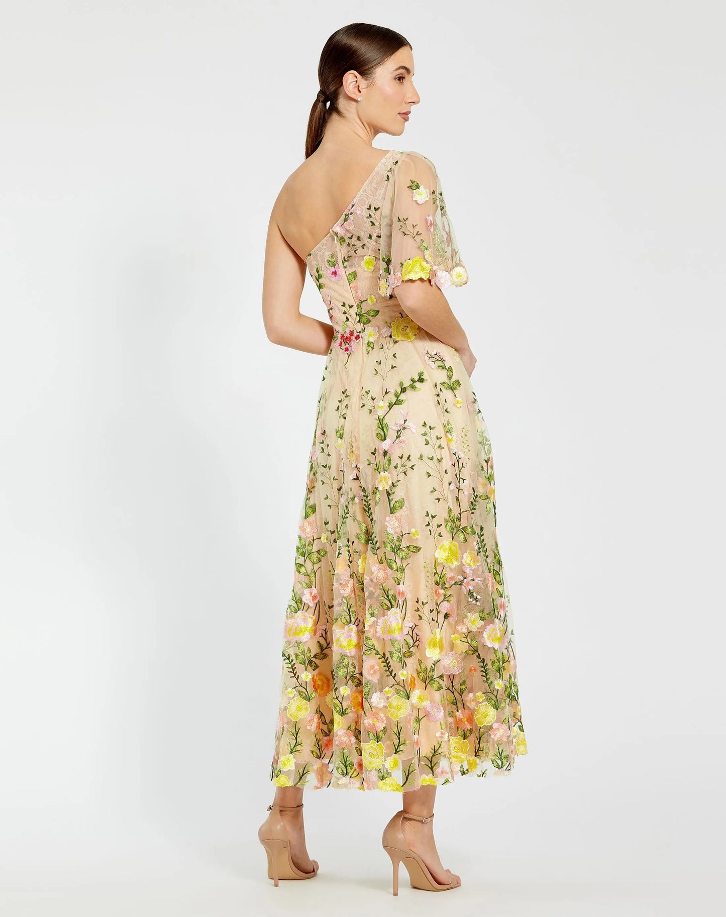 Yellow One Shoulder Lace Embroidered Dress - Mac Duggal