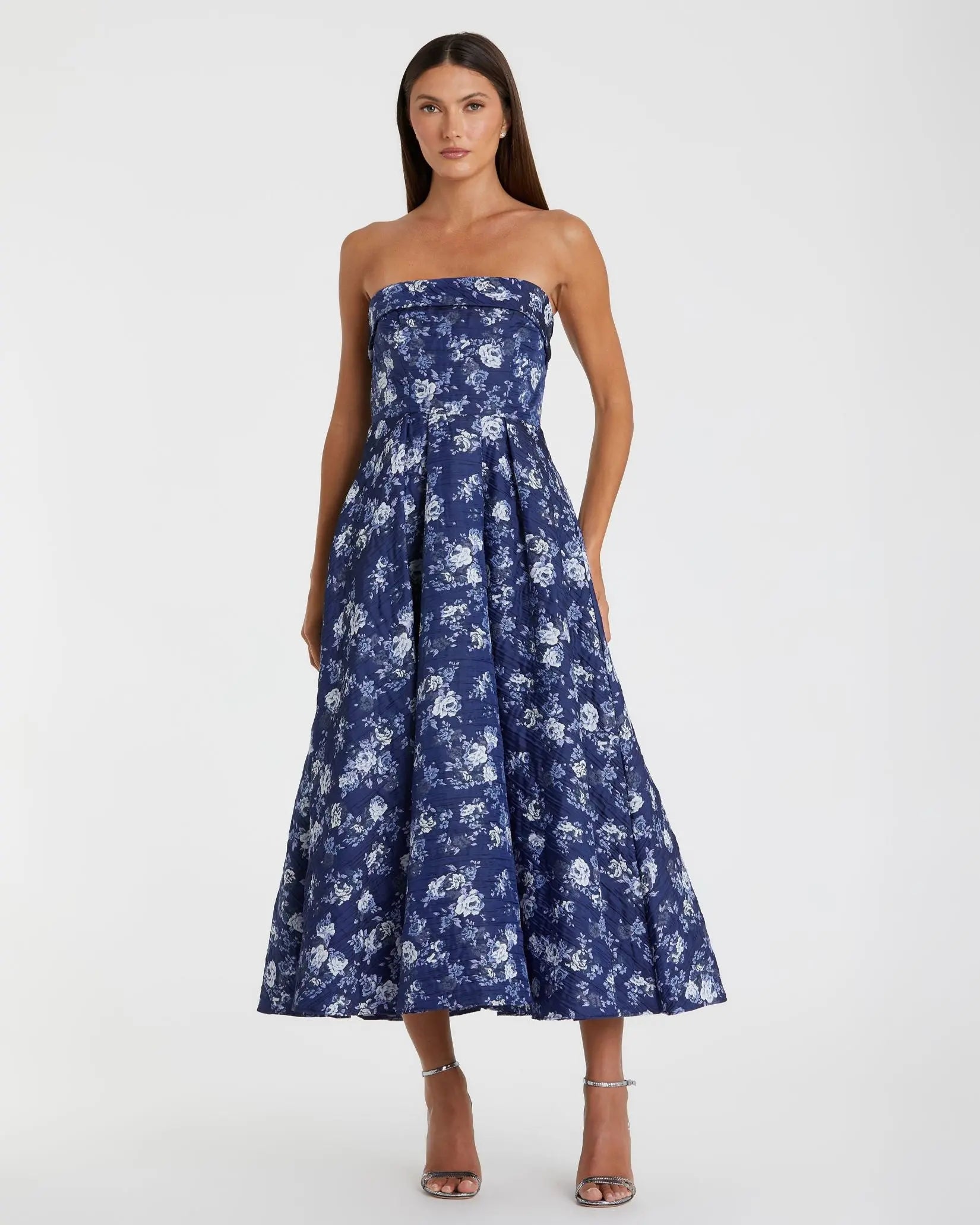 Blue Strapless Brocade Midi Dress | Mac Duggal Blue Strapless Brocade Midi Dress | Mac Duggal