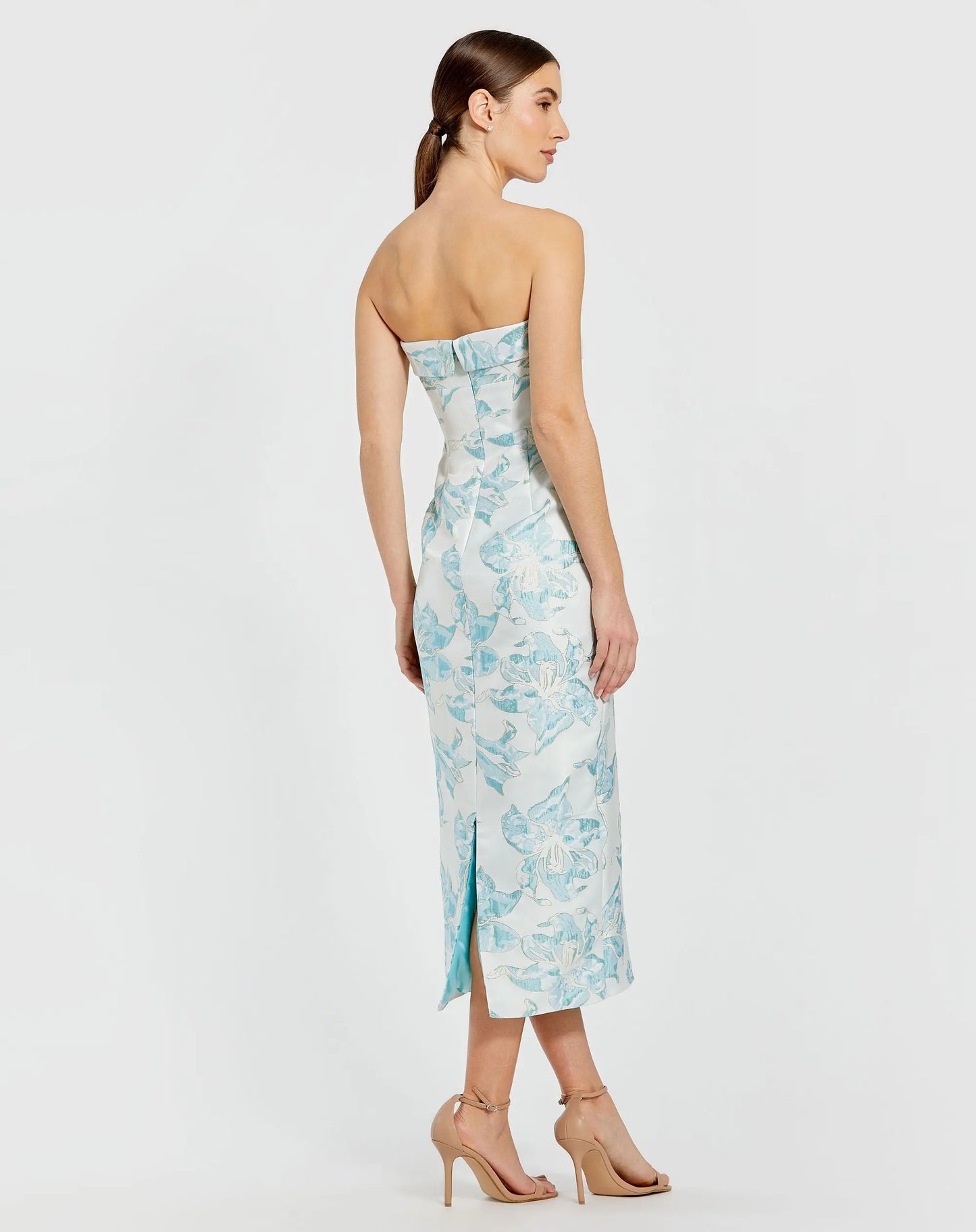 Blue Strapless Brocade Sheath Midi Dress - Mac Duggal