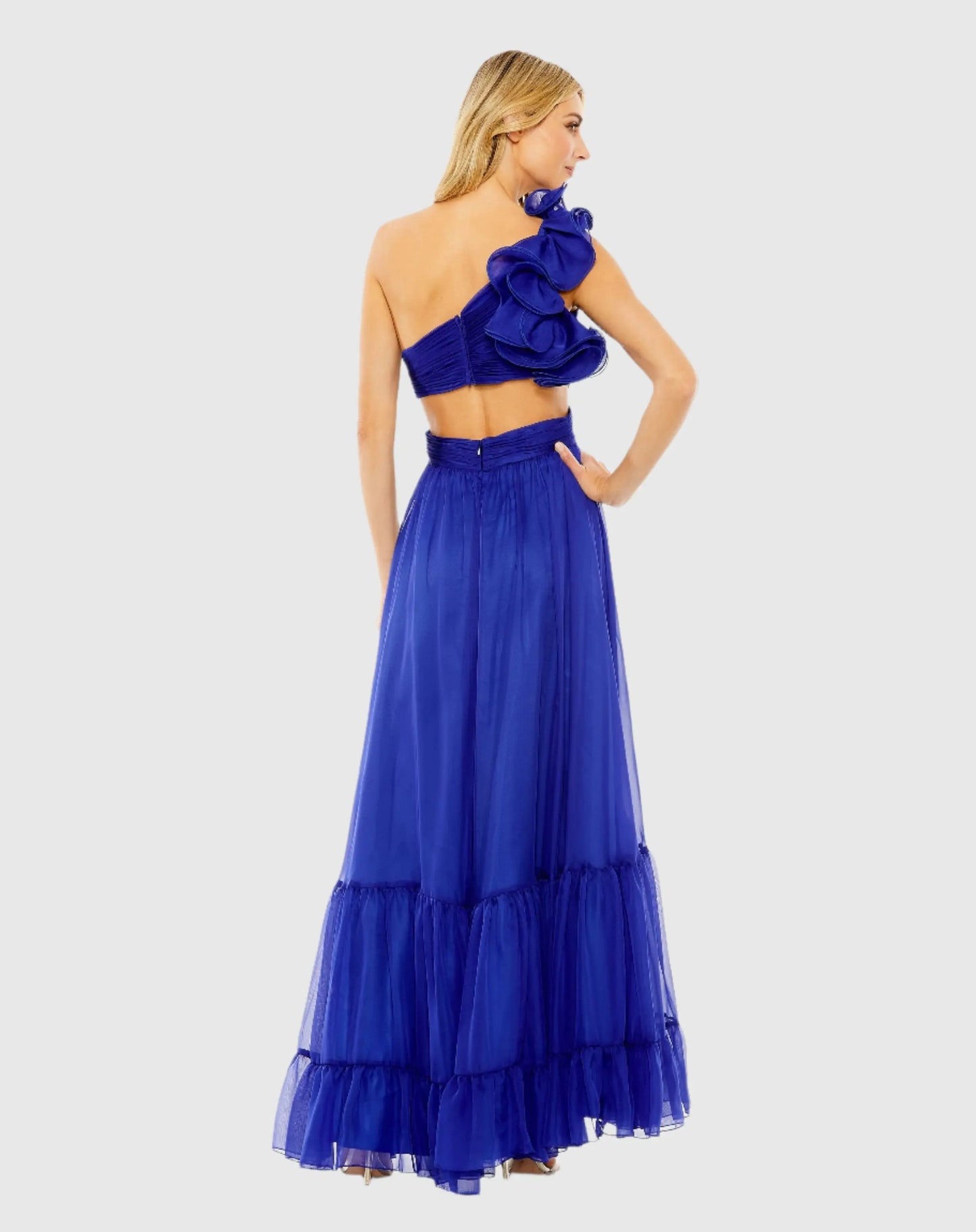 Blue One Shoulder Ruffle Tiered Cut-Out Chiffon Gown - Mac Duggal