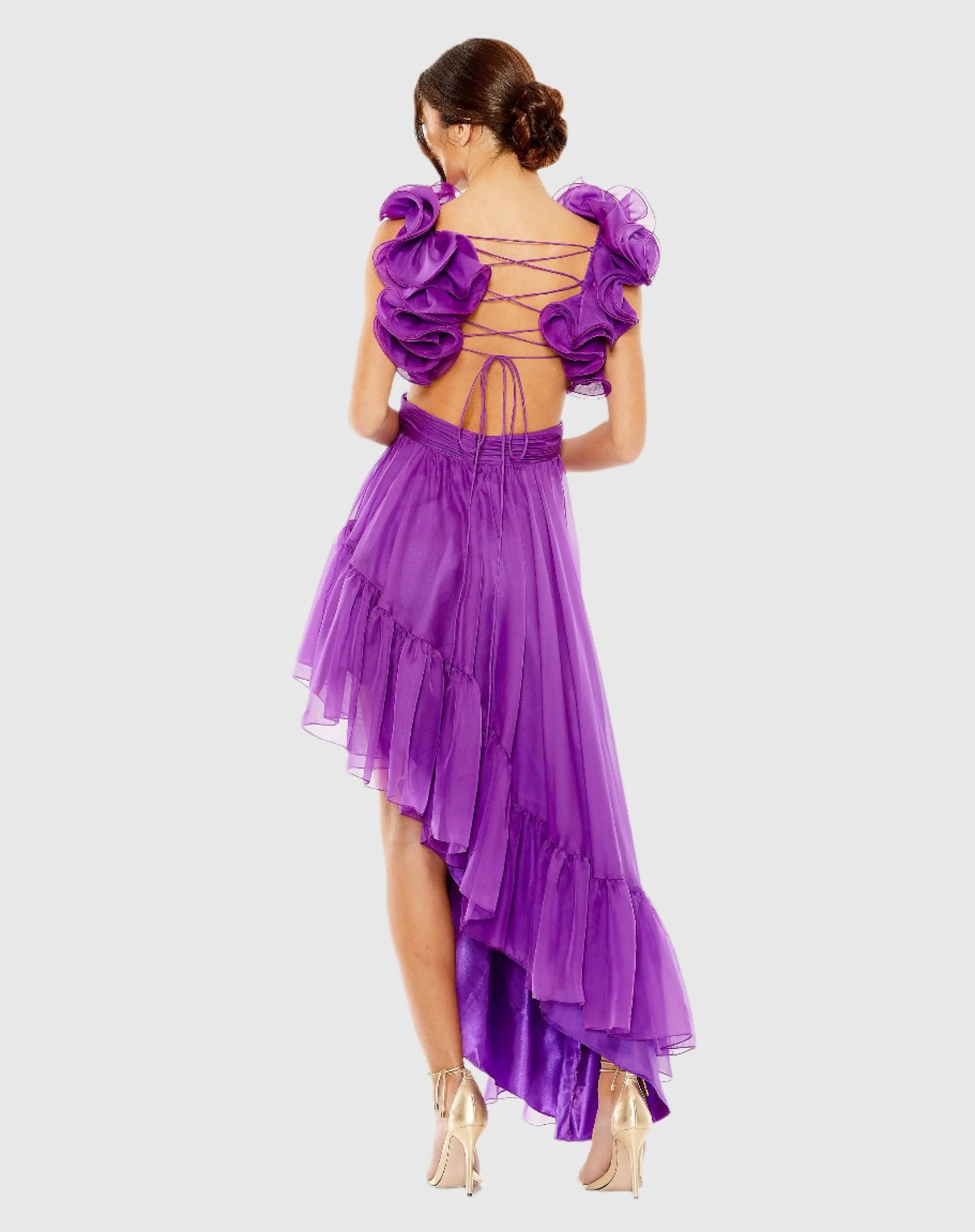 Purple Ruffle Tiered Cut-Out Chiffon High Low Gown - Mac Duggal