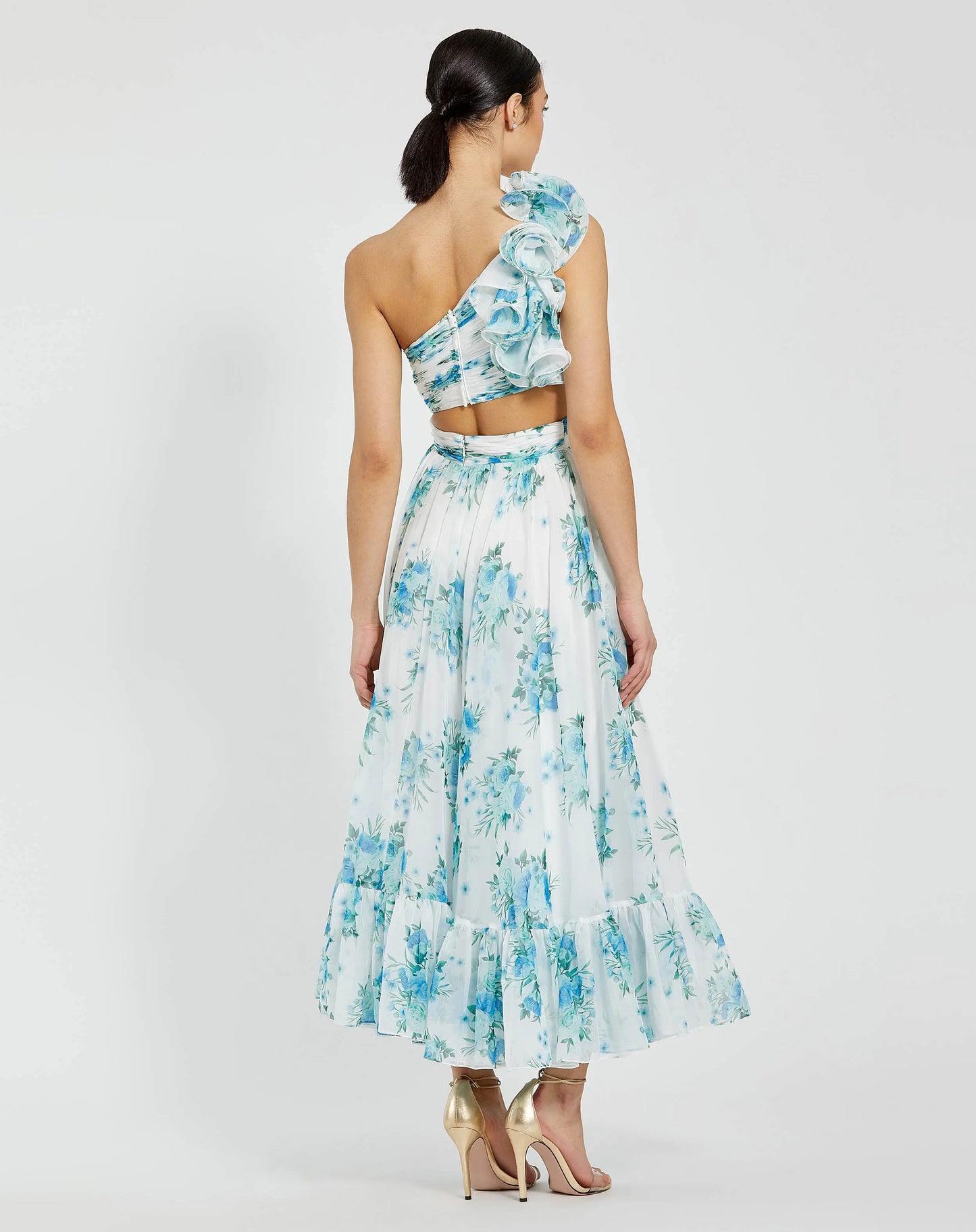 One Shoulder Ruffle Cut-Out Chiffon Midi Dress - Mac Duggal