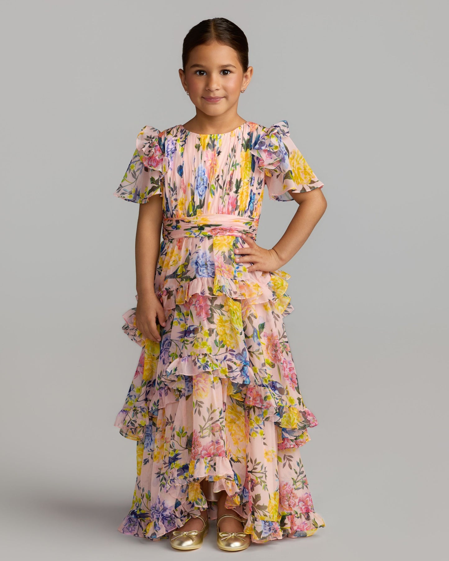 Girls Pink Multicolor Floral Chiffon Tiered Ruffle Dress Mac Duggal