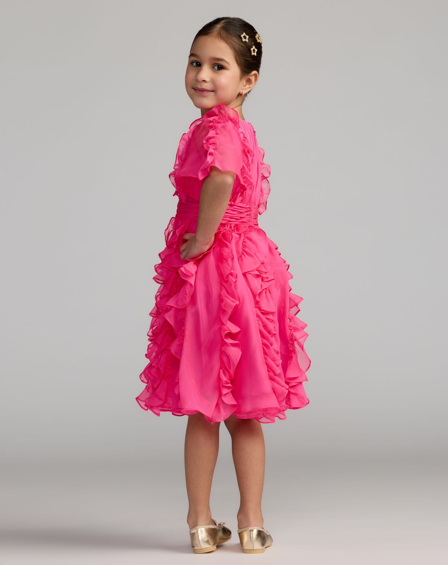 Girls Pink Chiffon High Neck Ruffle Dress - Mac Duggal