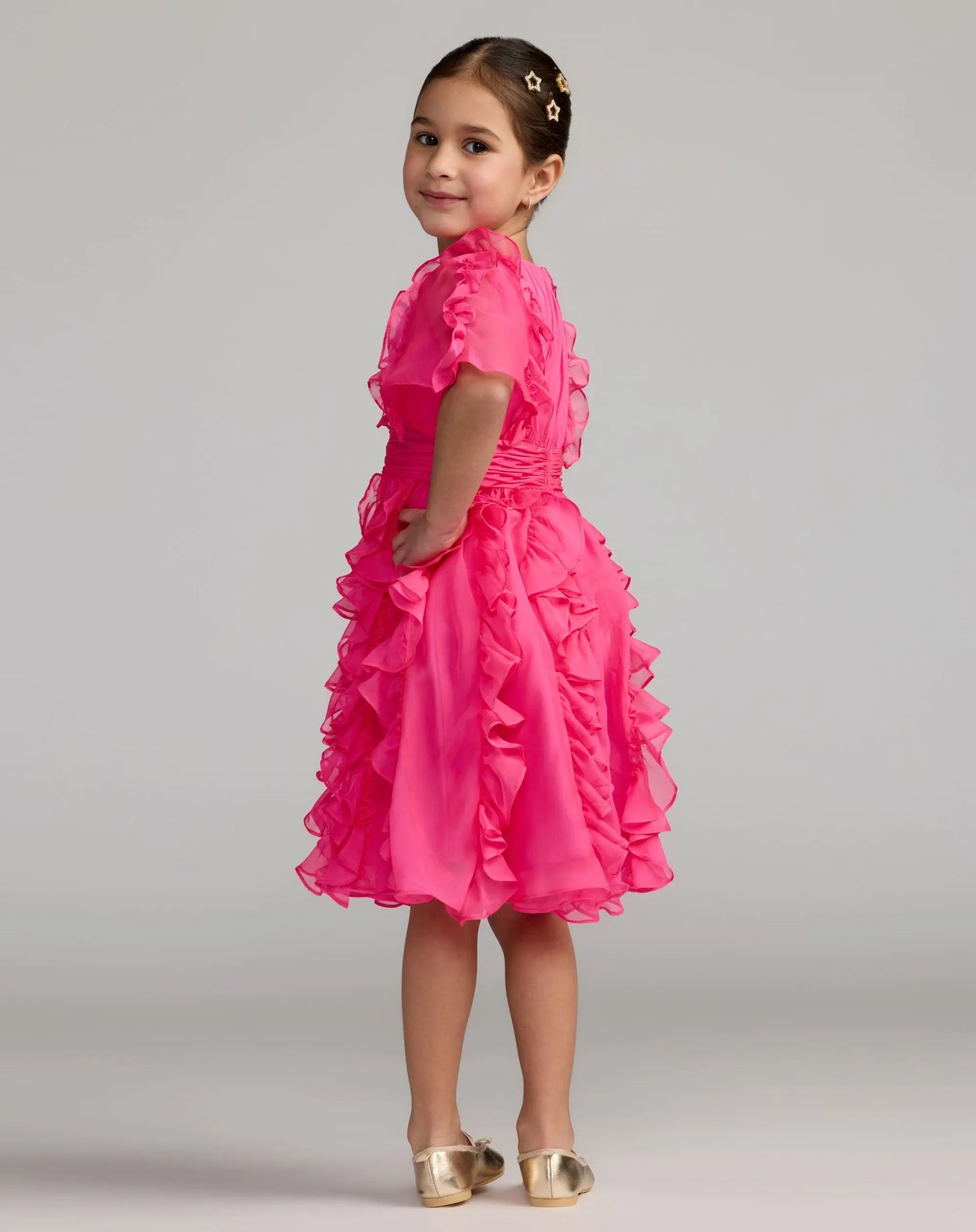 Girls Pink Chiffon High Neck Ruffle Dress - Mac Duggal
